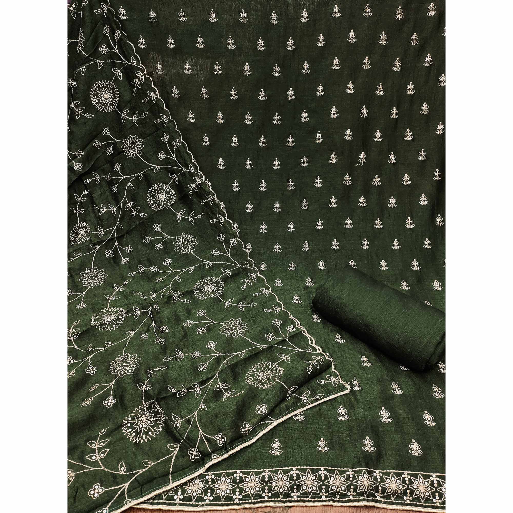 Mehandi Green Sequins Embroidered Vichitra Silk Dress Material