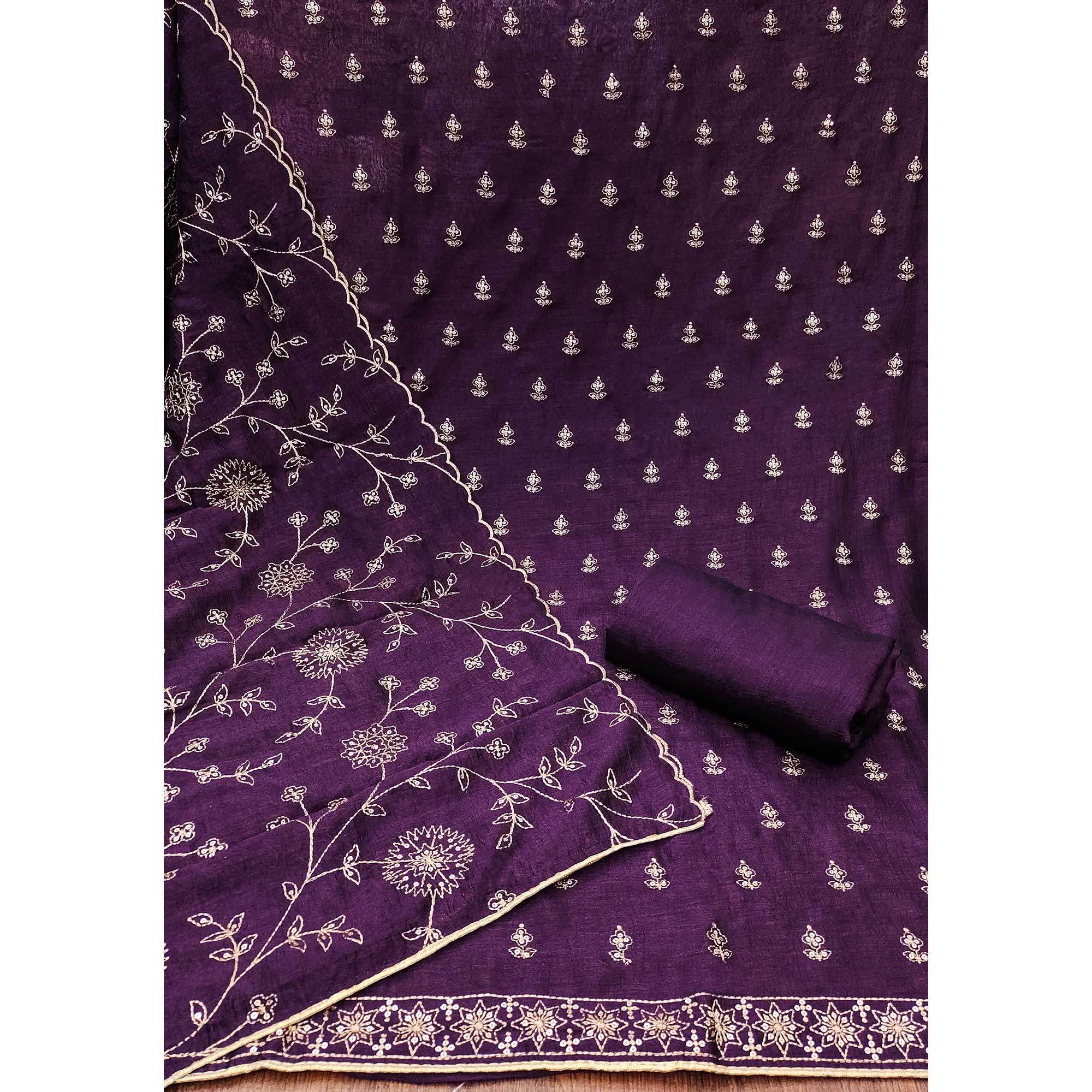 Purple Sequins Embroidered Vichitra Silk Dress Material