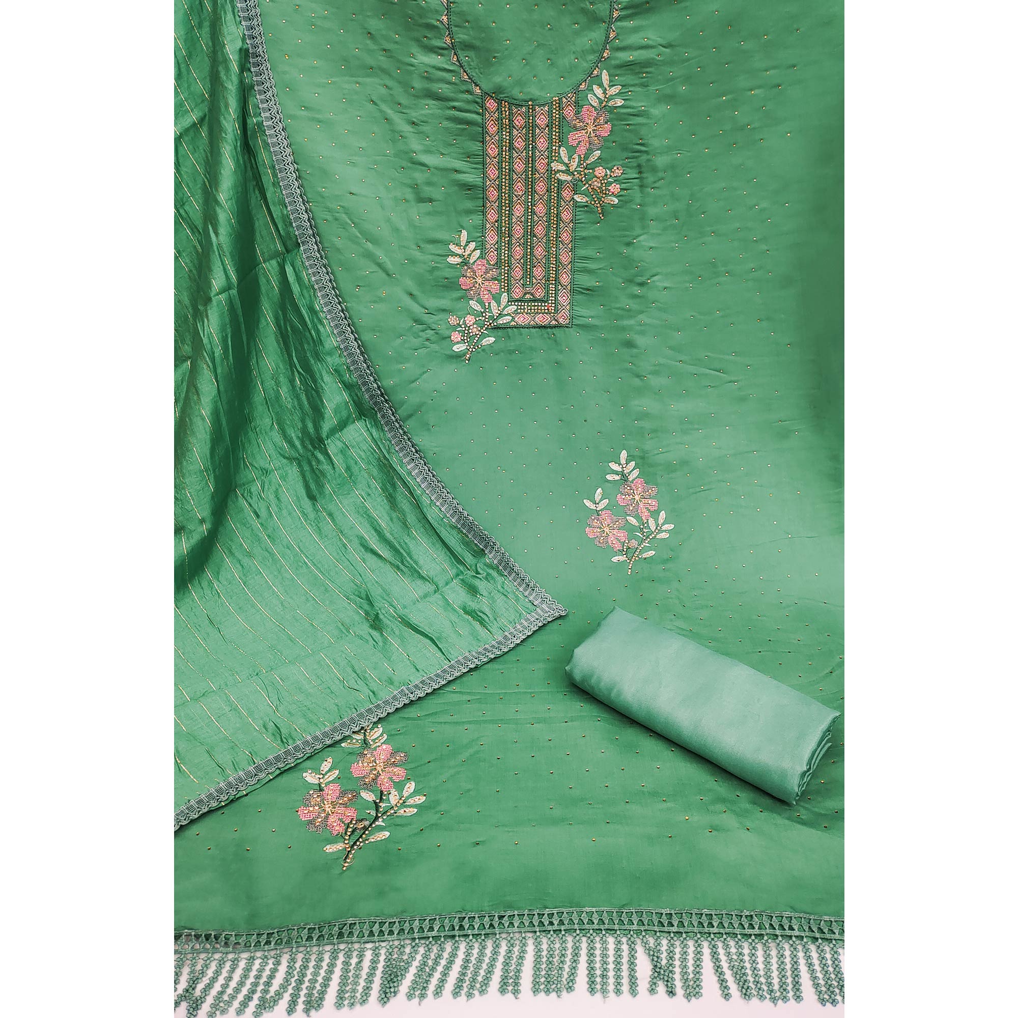 Green Floral Embroidery With Stonework Chanderi Silk Dress Material