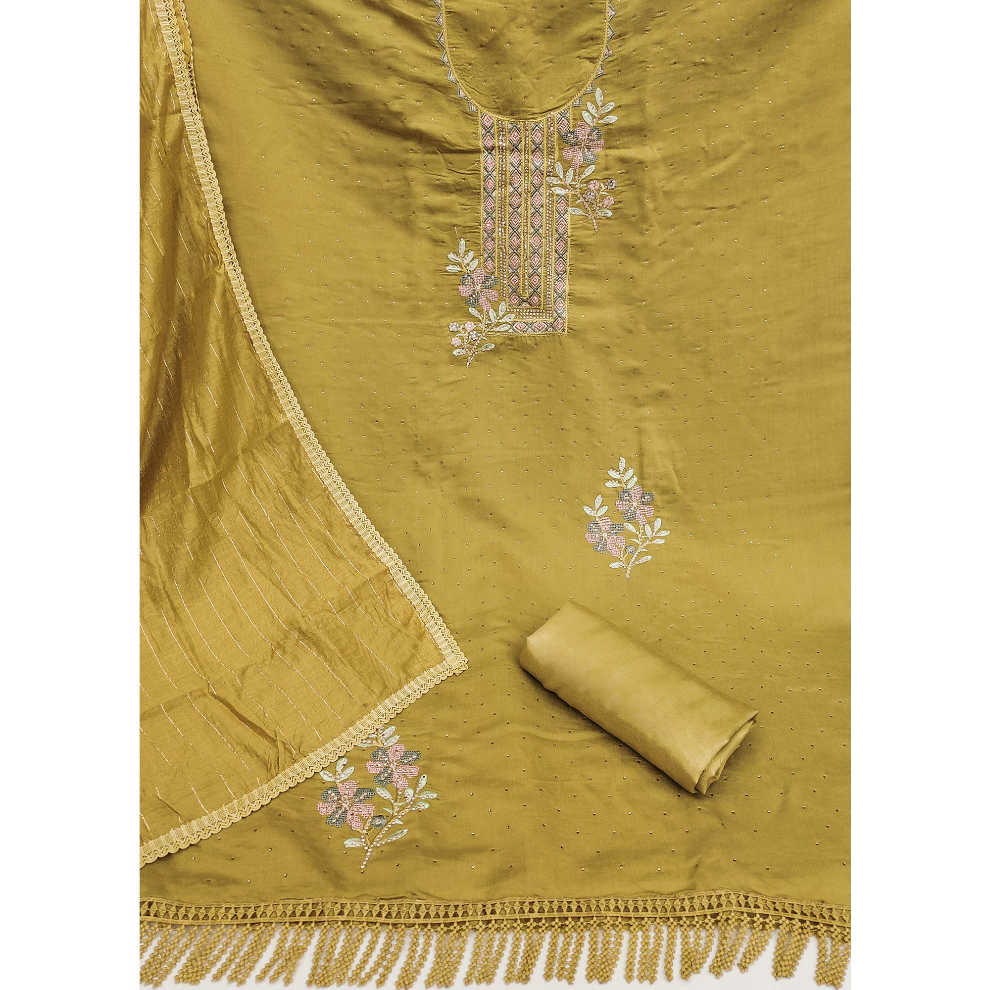 Light Mustard Floral Embroidery With Stonework Chanderi Silk Dress Material