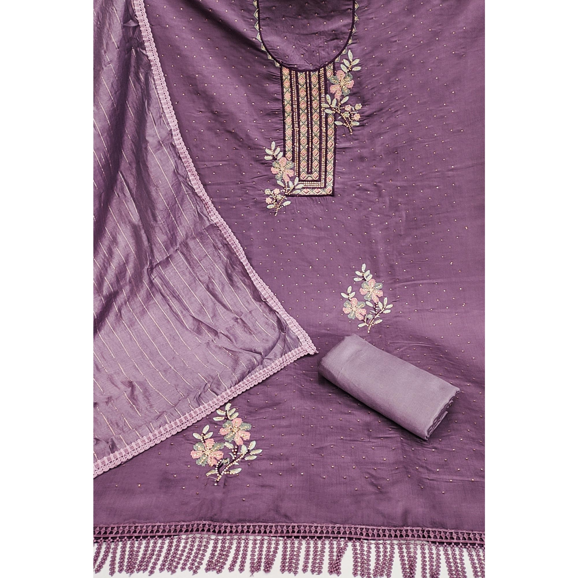 Purple Floral Embroidery With Stonework Chanderi Silk Dress Material