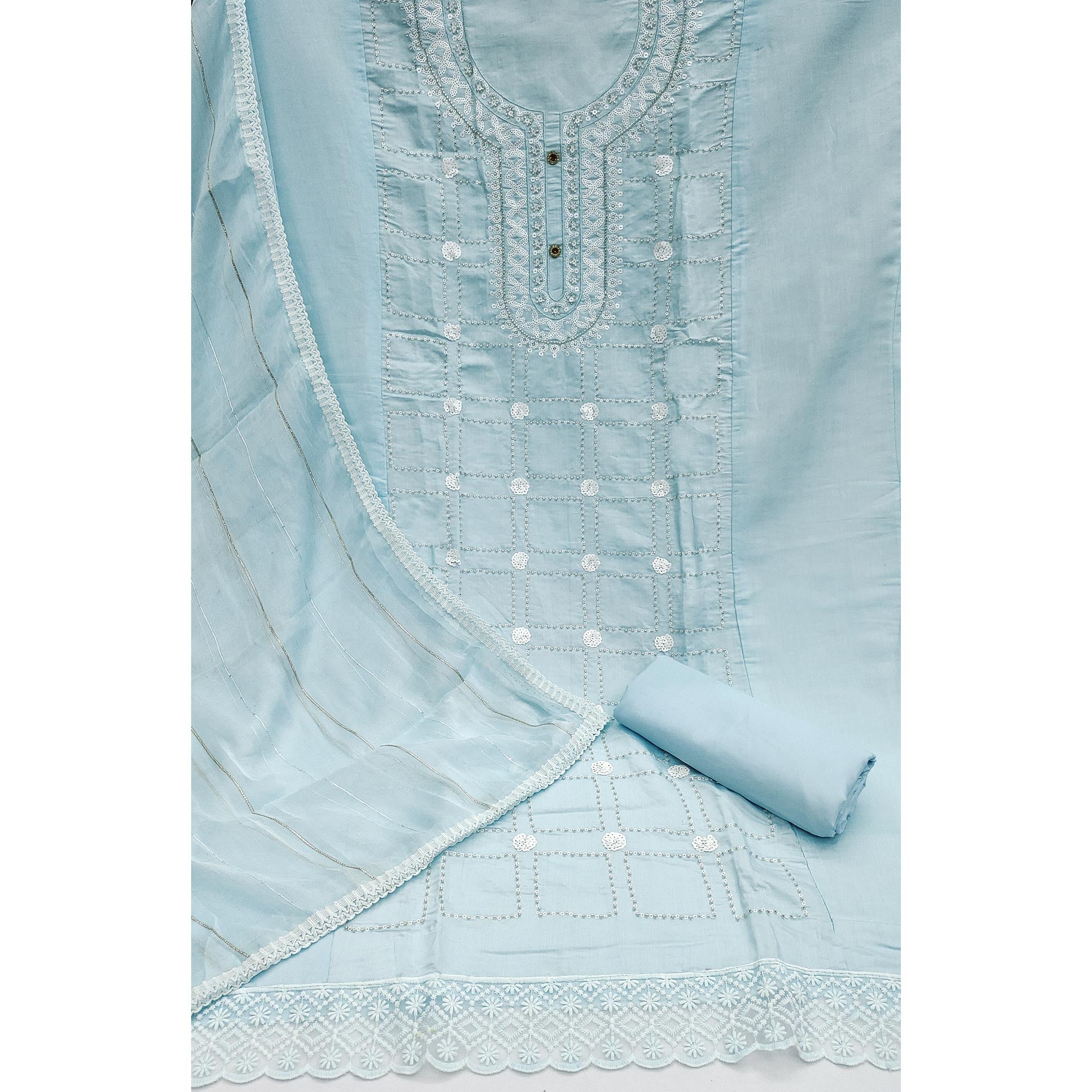 Blue Sequins Embroidery Chanderi Silk Dress Material