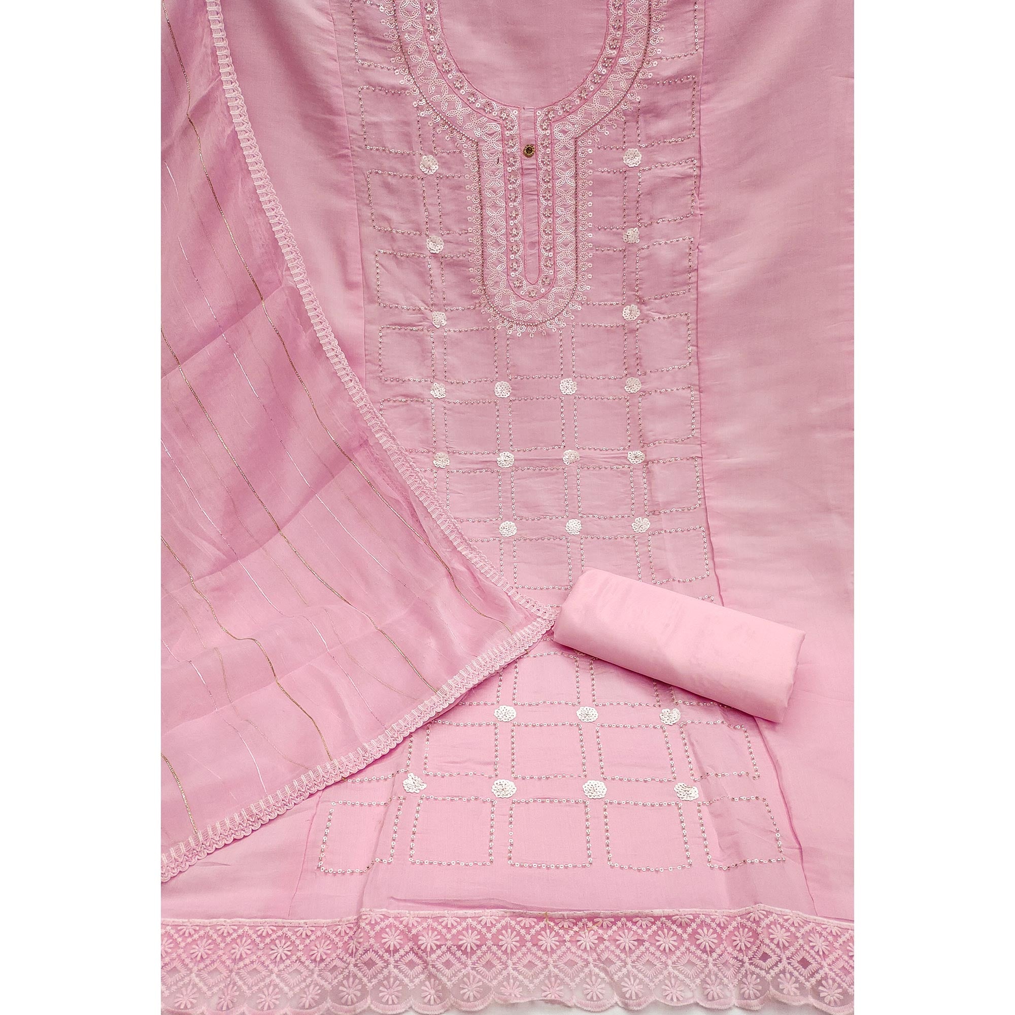 Pink Sequins Embroidery Chanderi Silk Dress Material