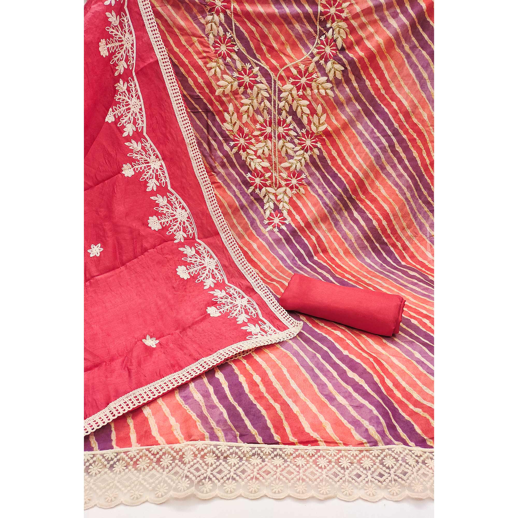 Gajari Pink Floral Embroidery With Printed Cotton Roman Silk Dress Material