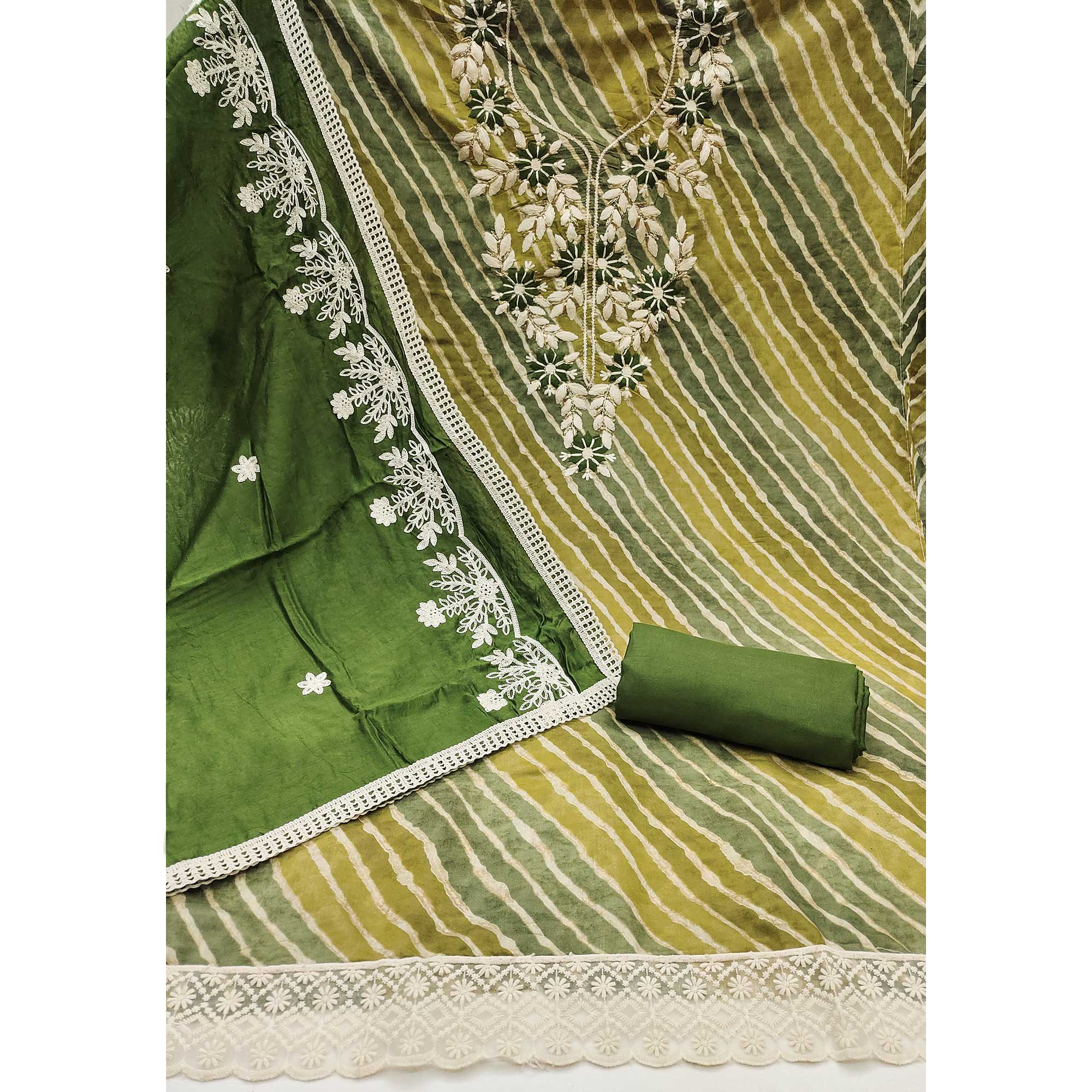 Green Floral Embroidery With Printed Cotton Roman Silk Dress Material