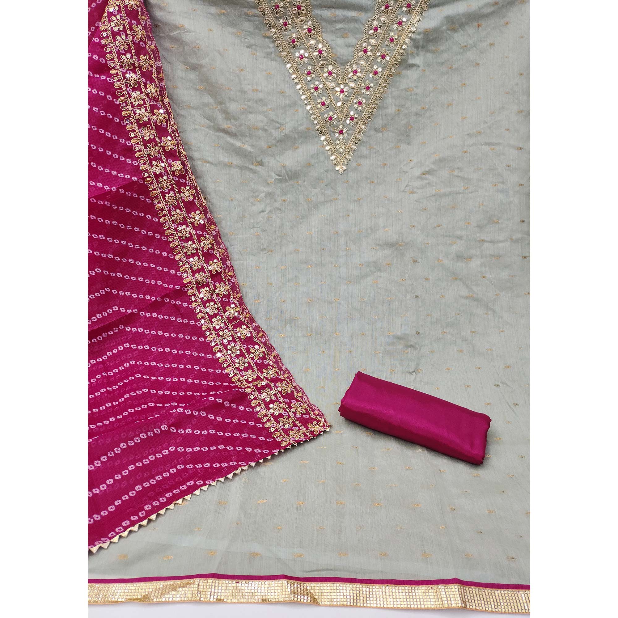 Grey Woven With Sequins Embroidered Modal Chanderi Silk Dress Material