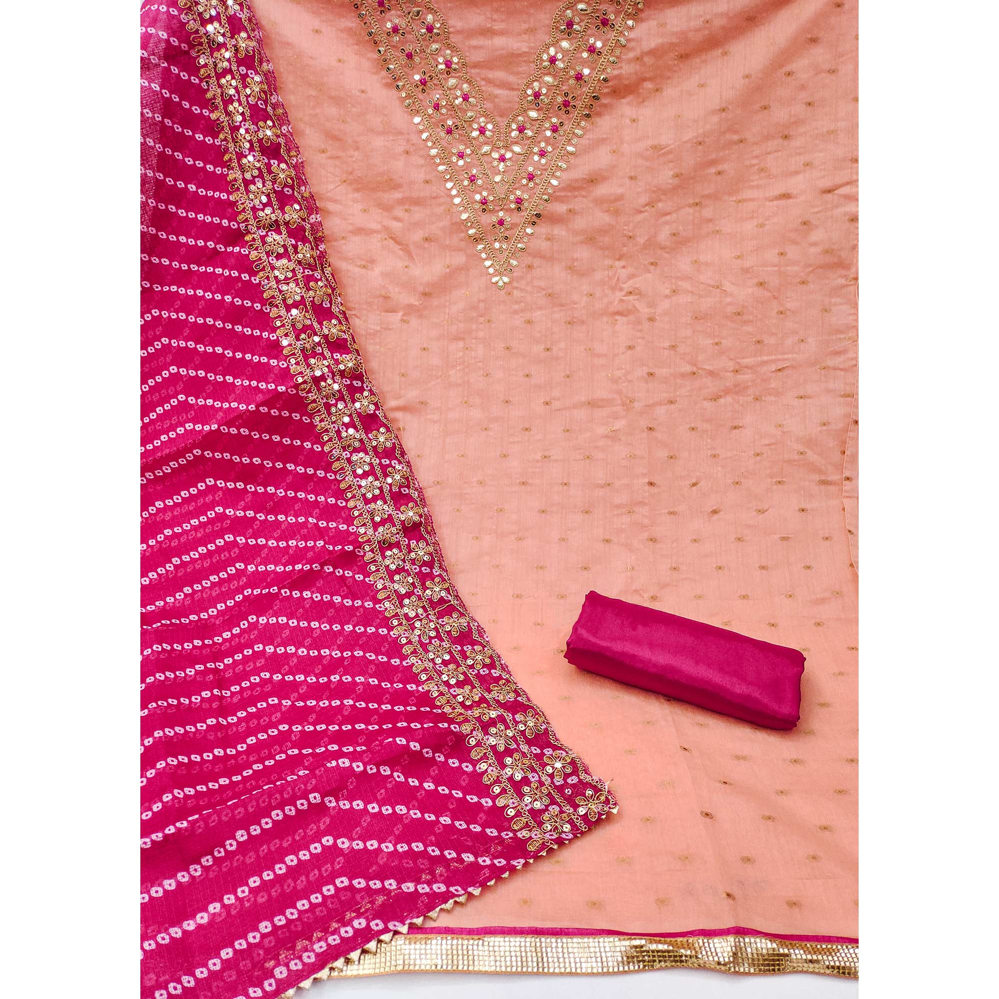 Peach Woven With Sequins Embroidered Modal Chanderi Silk Dress Material