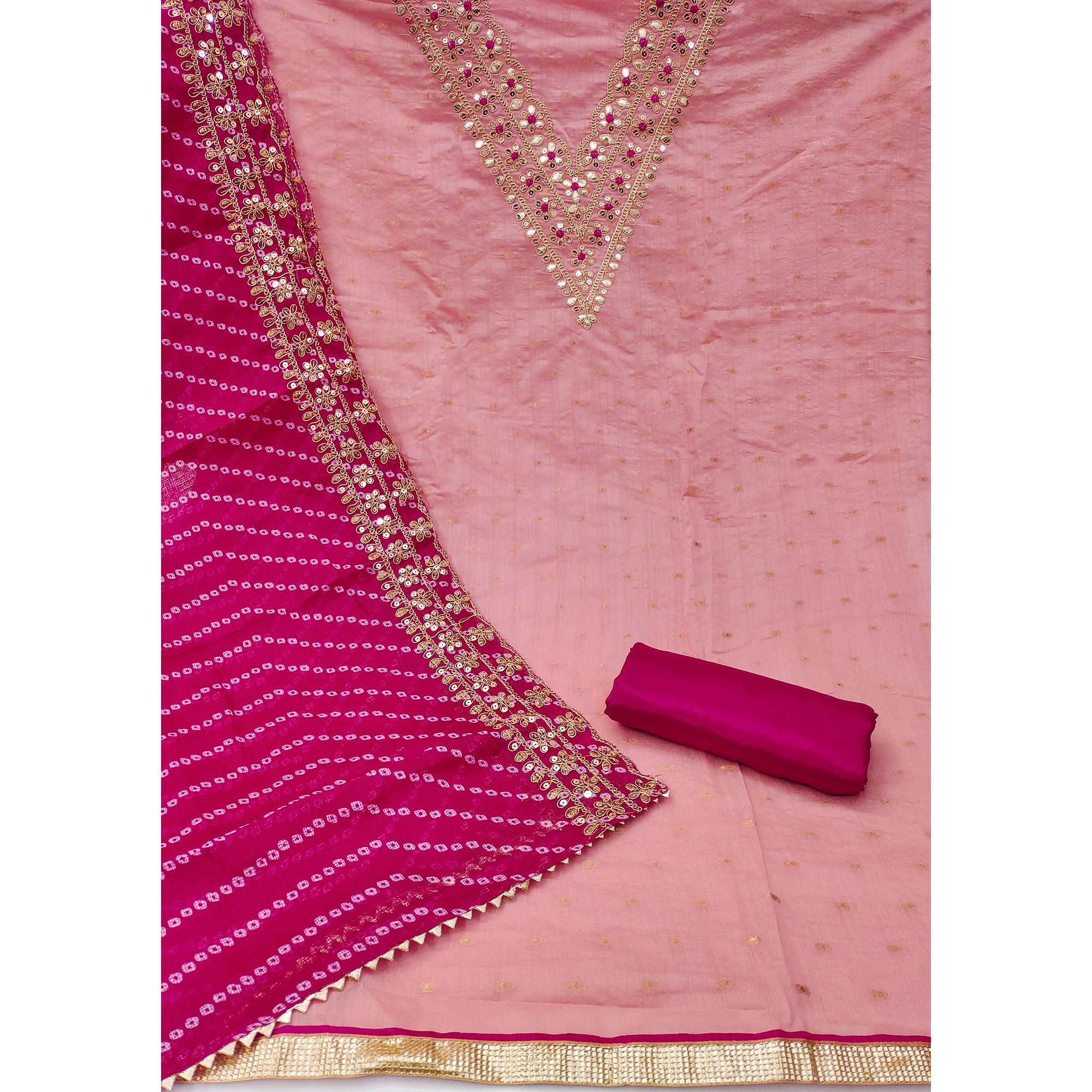 Pink Woven With Sequins Embroidered Modal Chanderi Silk Dress Material