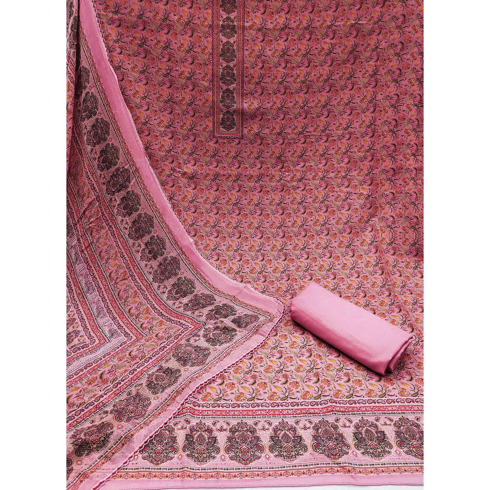 Pink Floral Digital Printed Cotton Blend Dress Material