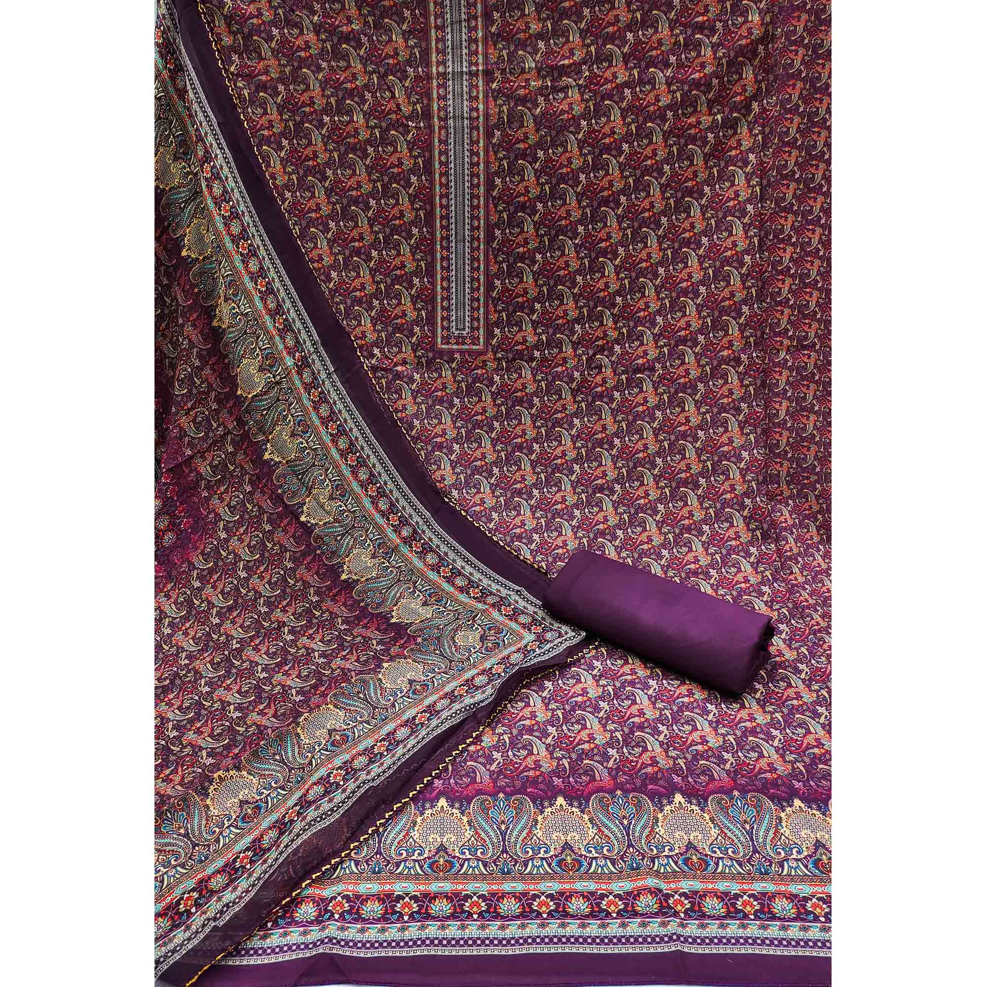 Purple Floral Digital Printed Cotton Blend Dress Material