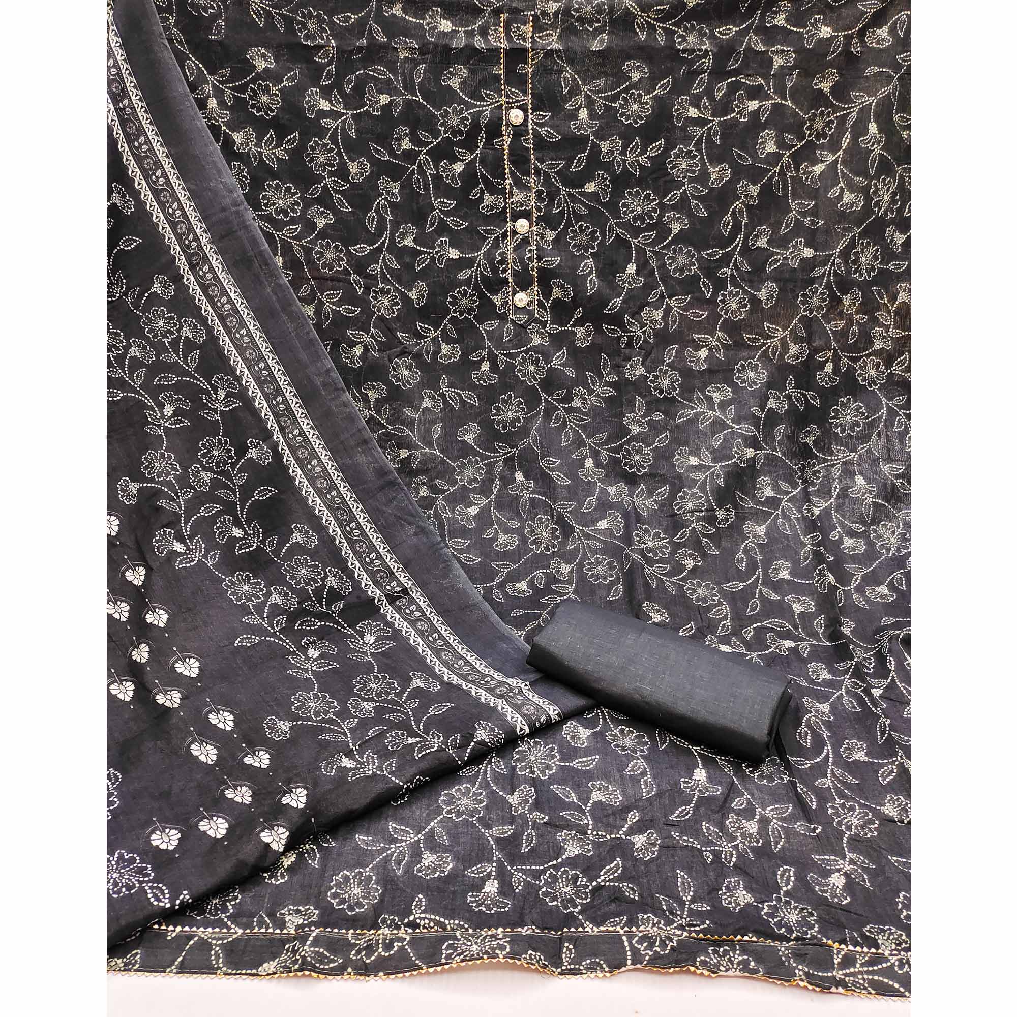 Black Floral Printed Cotton Blend Dress Material