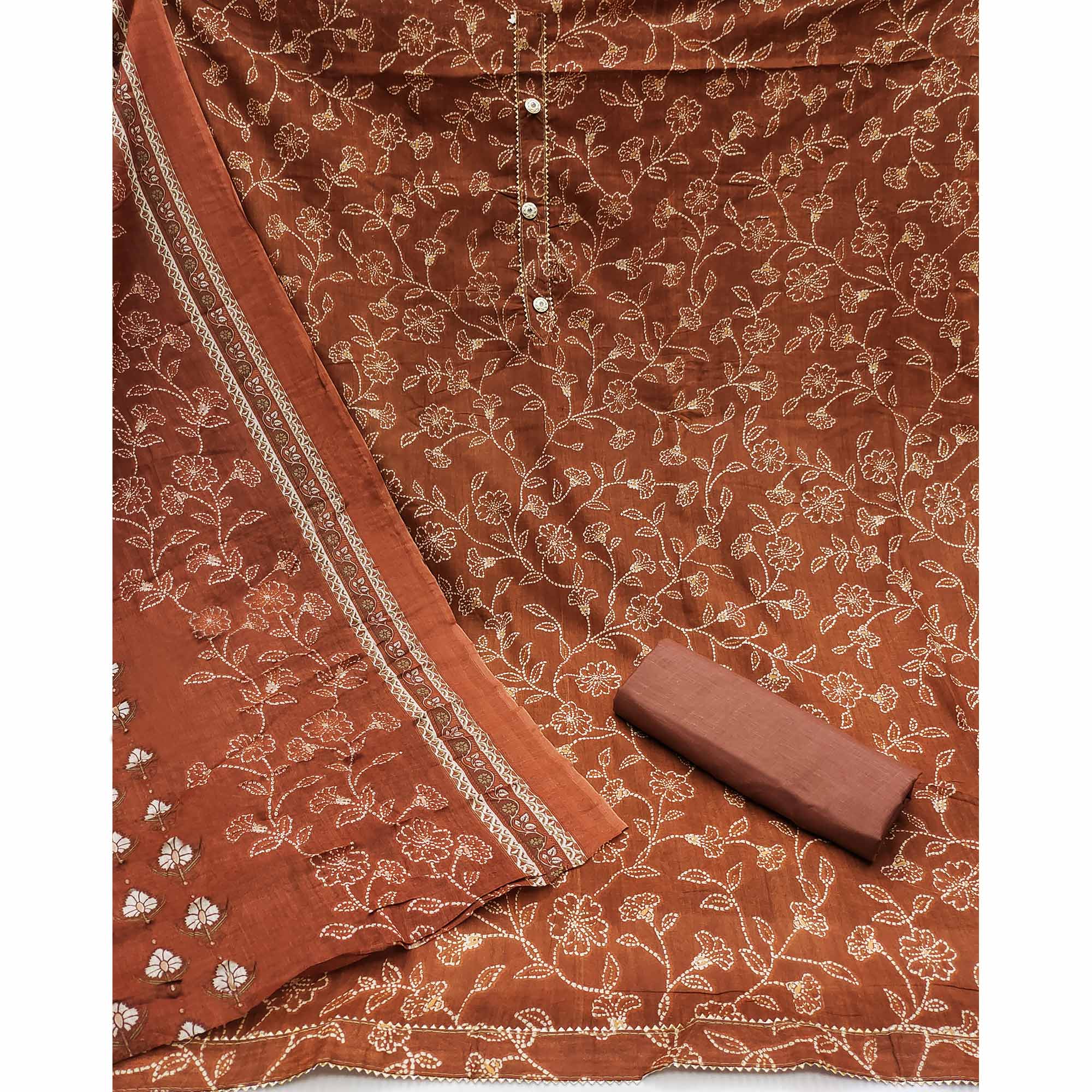 Rust Floral Printed Cotton Blend Dress Material