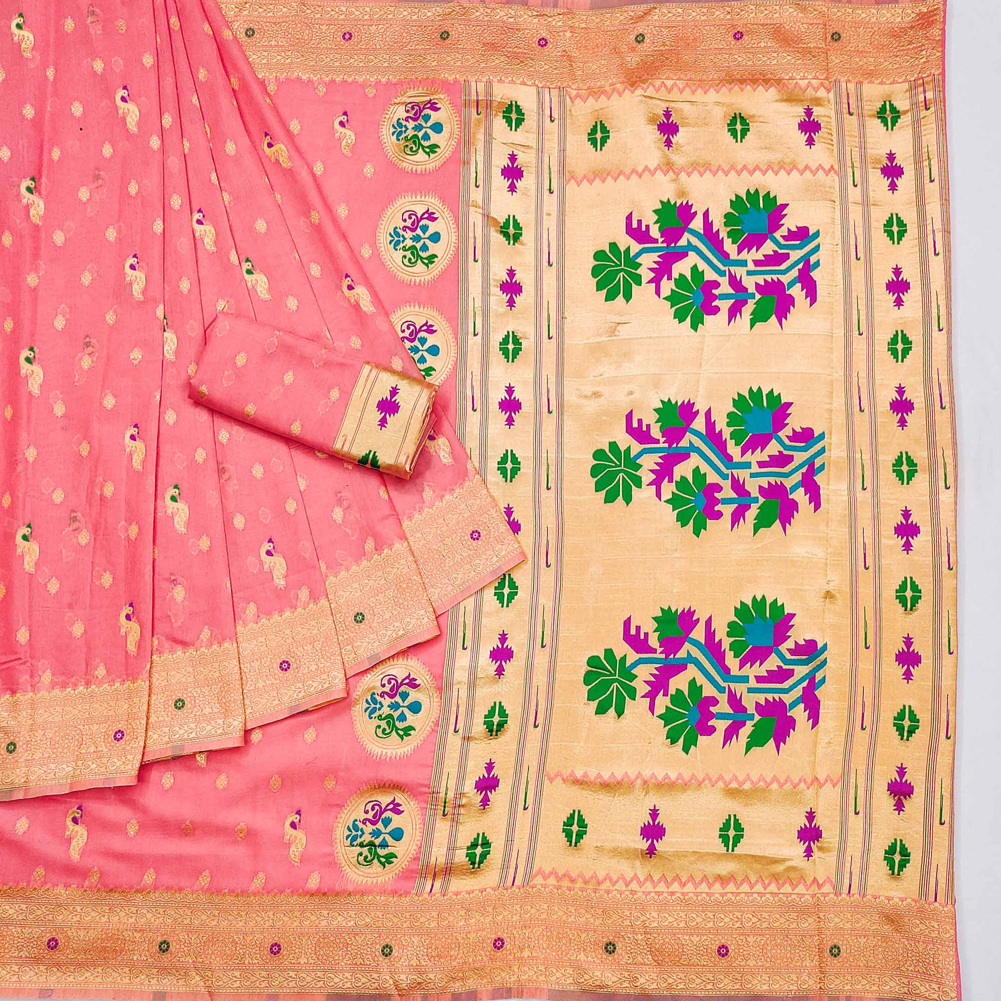 Peach Woven Pure Cotton Paithani Saree