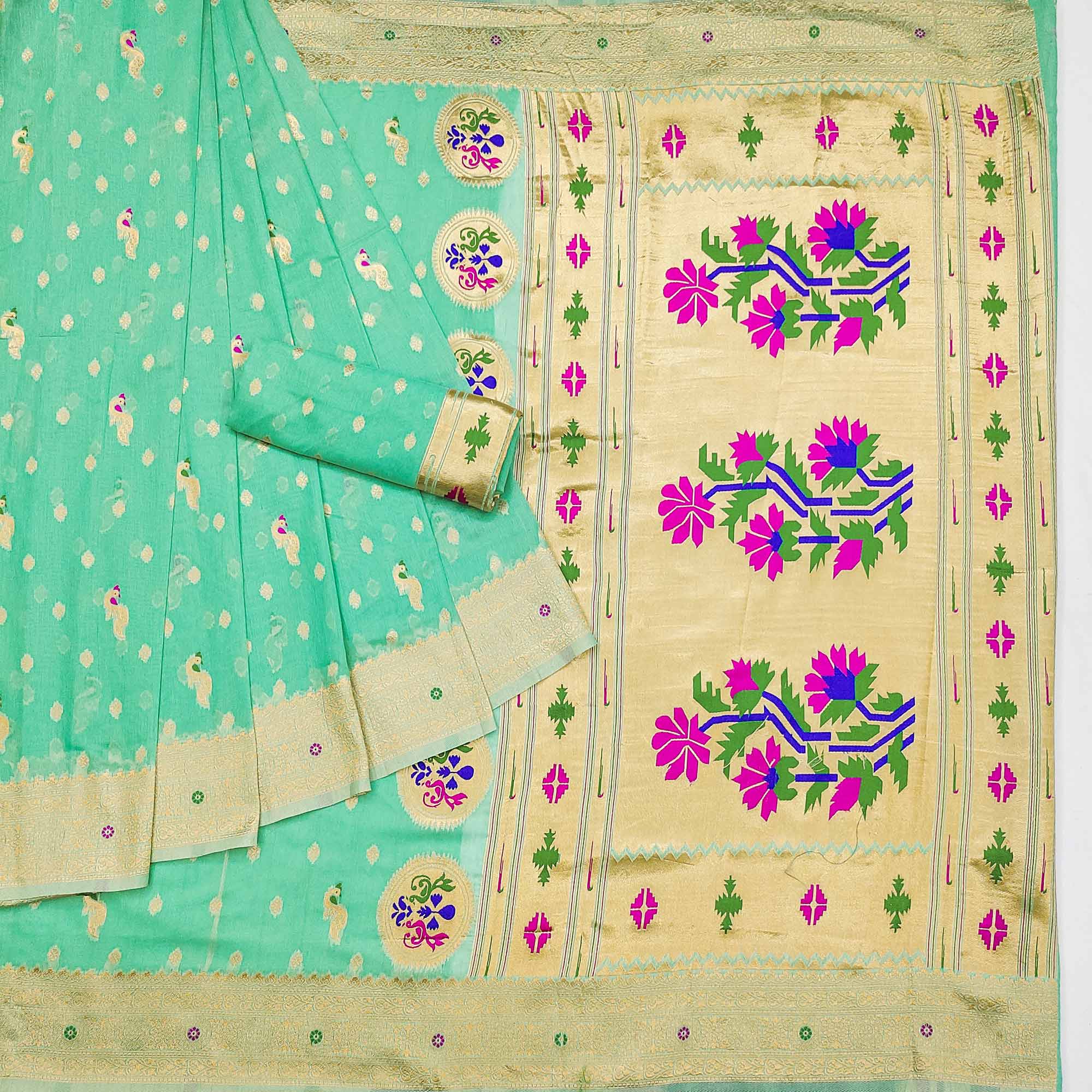 Turquoise Woven Pure Cotton Paithani Saree