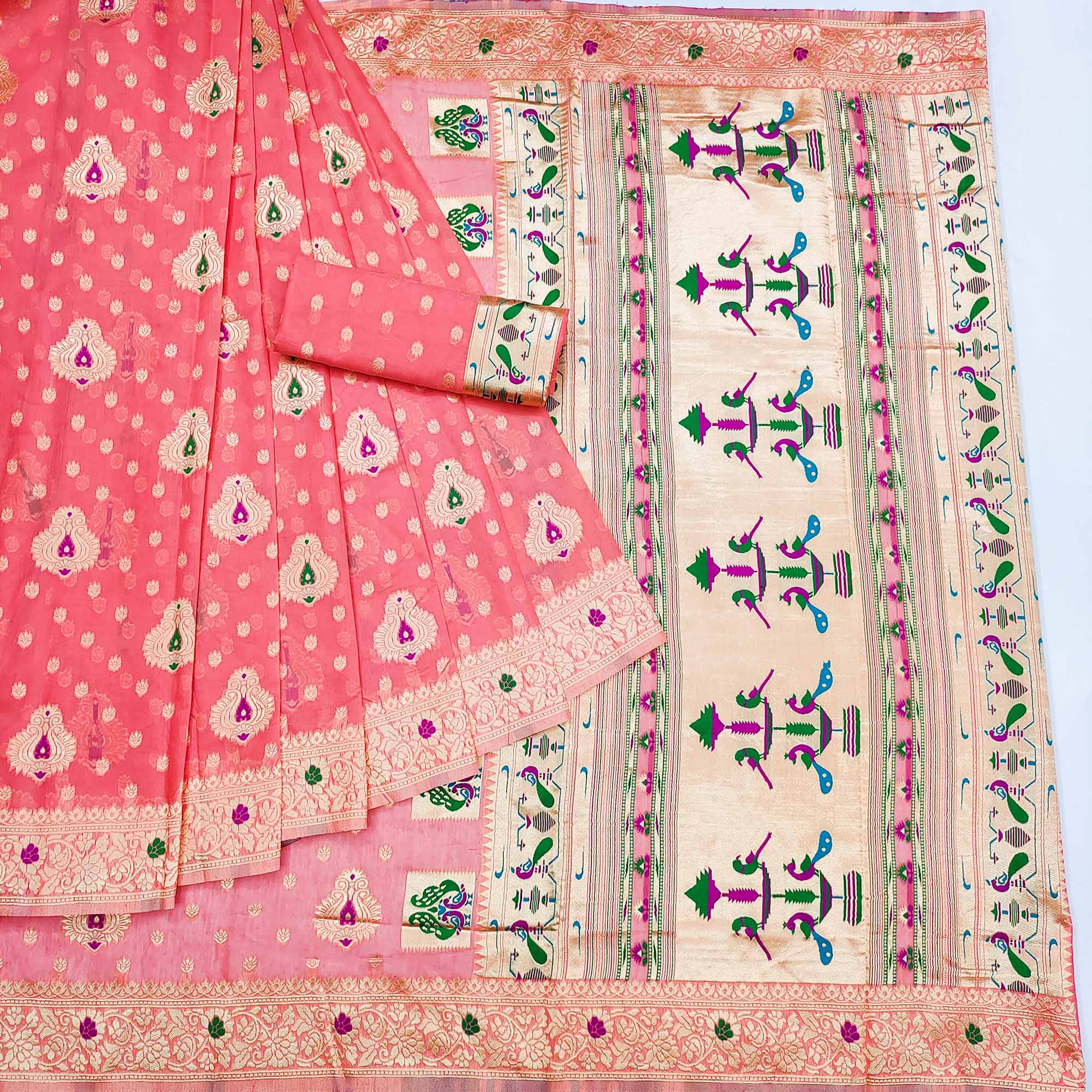 Peach Woven Cotton Silk Paithani Saree