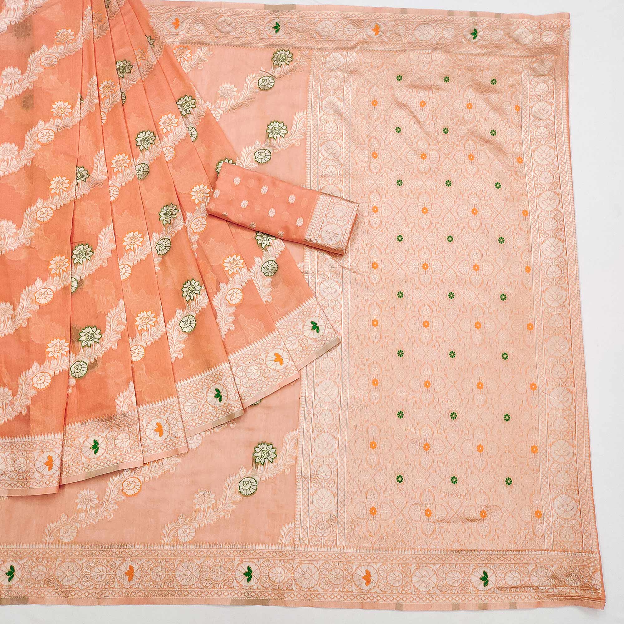 Peach Floral Woven Cotton Silk Saree