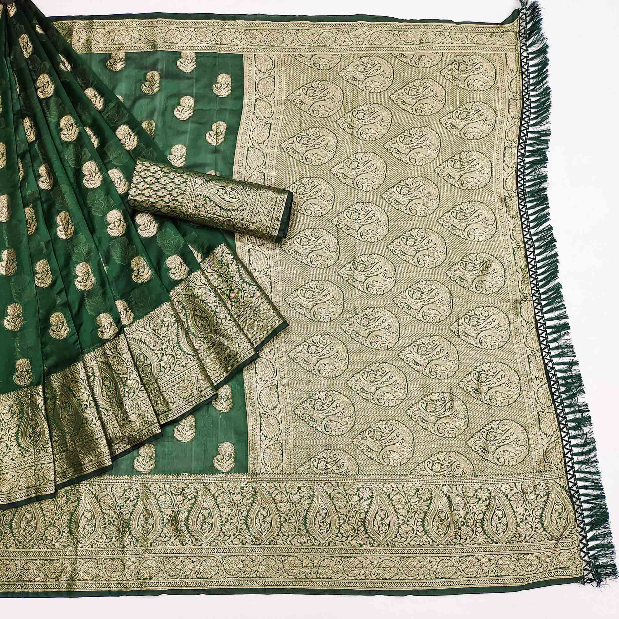 Green Floral Woven Organza Saree With Tassels