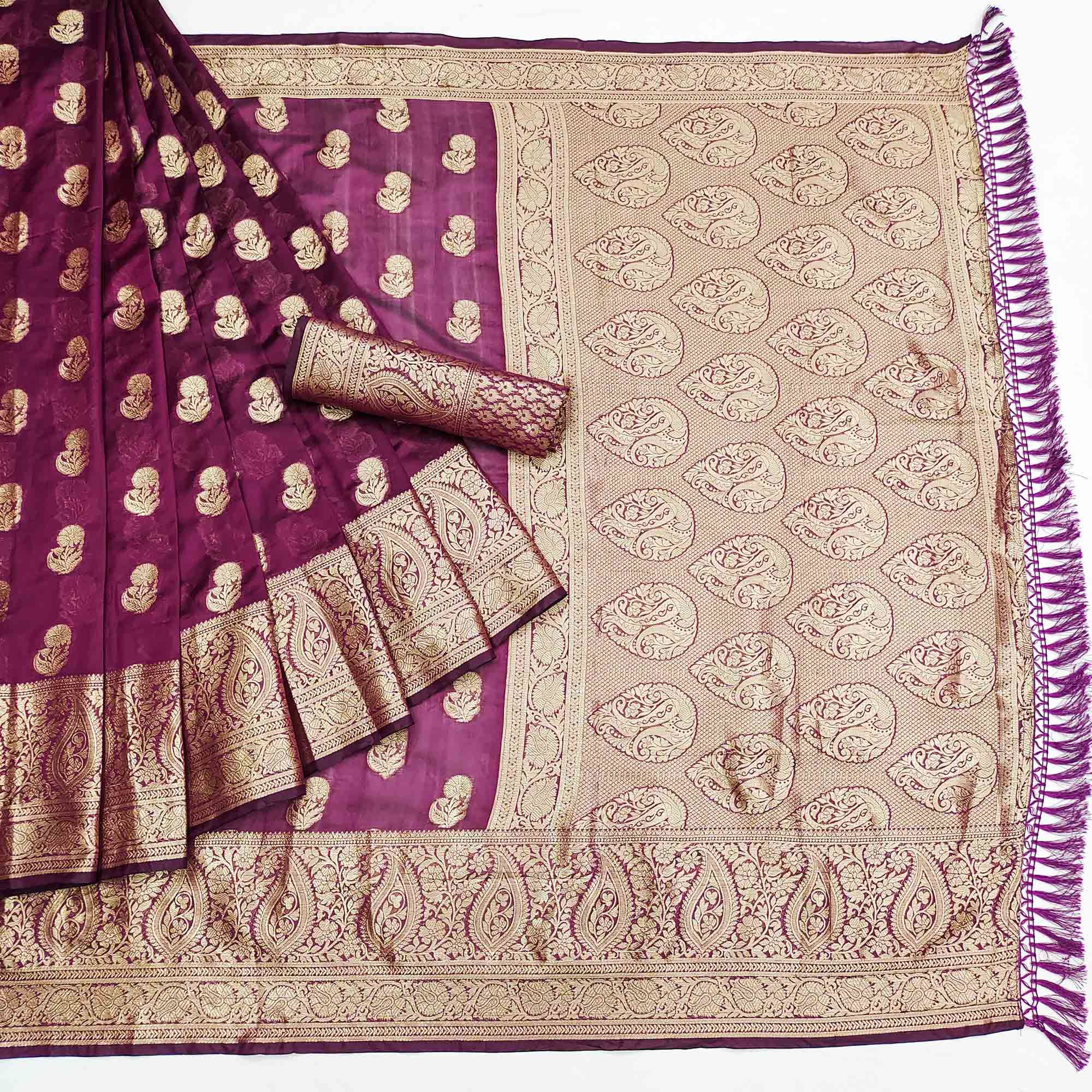 Wine Floral Woven Organza Saree With Tassels