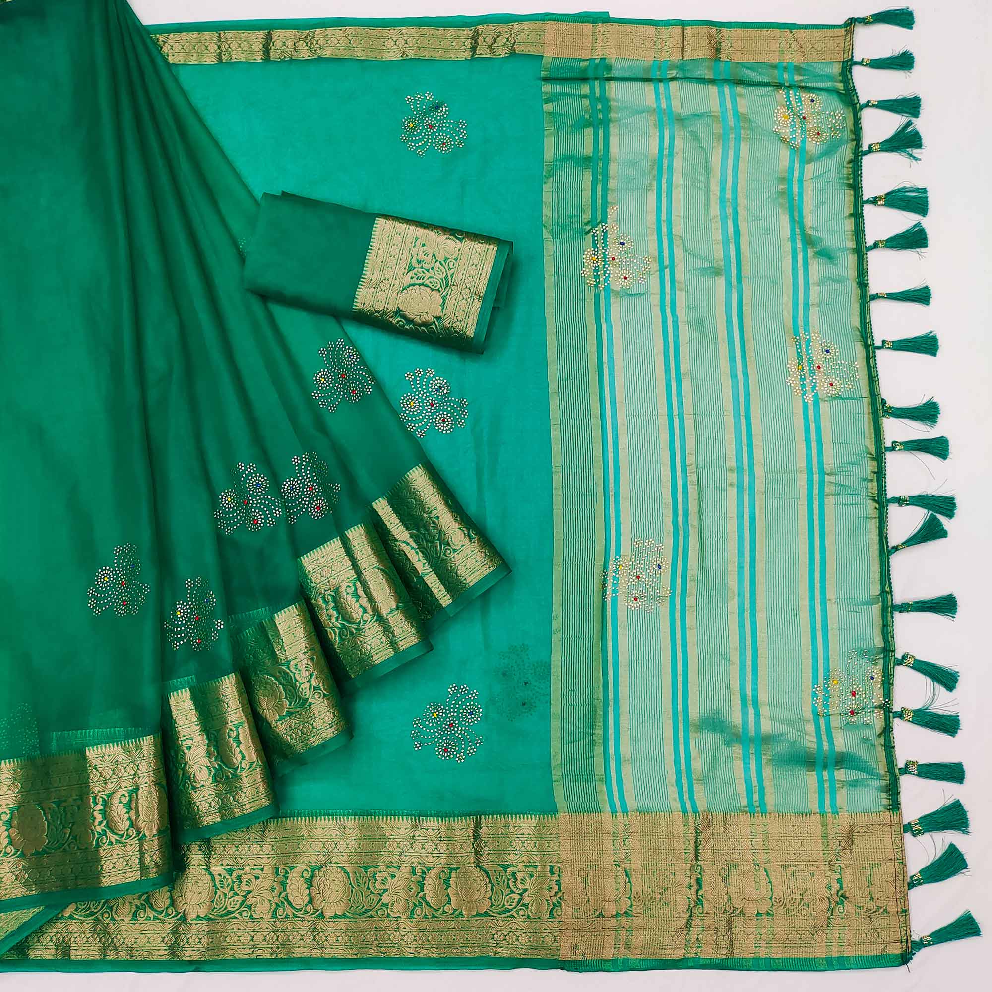 Green Woven With Swarovski Work Organza Saree