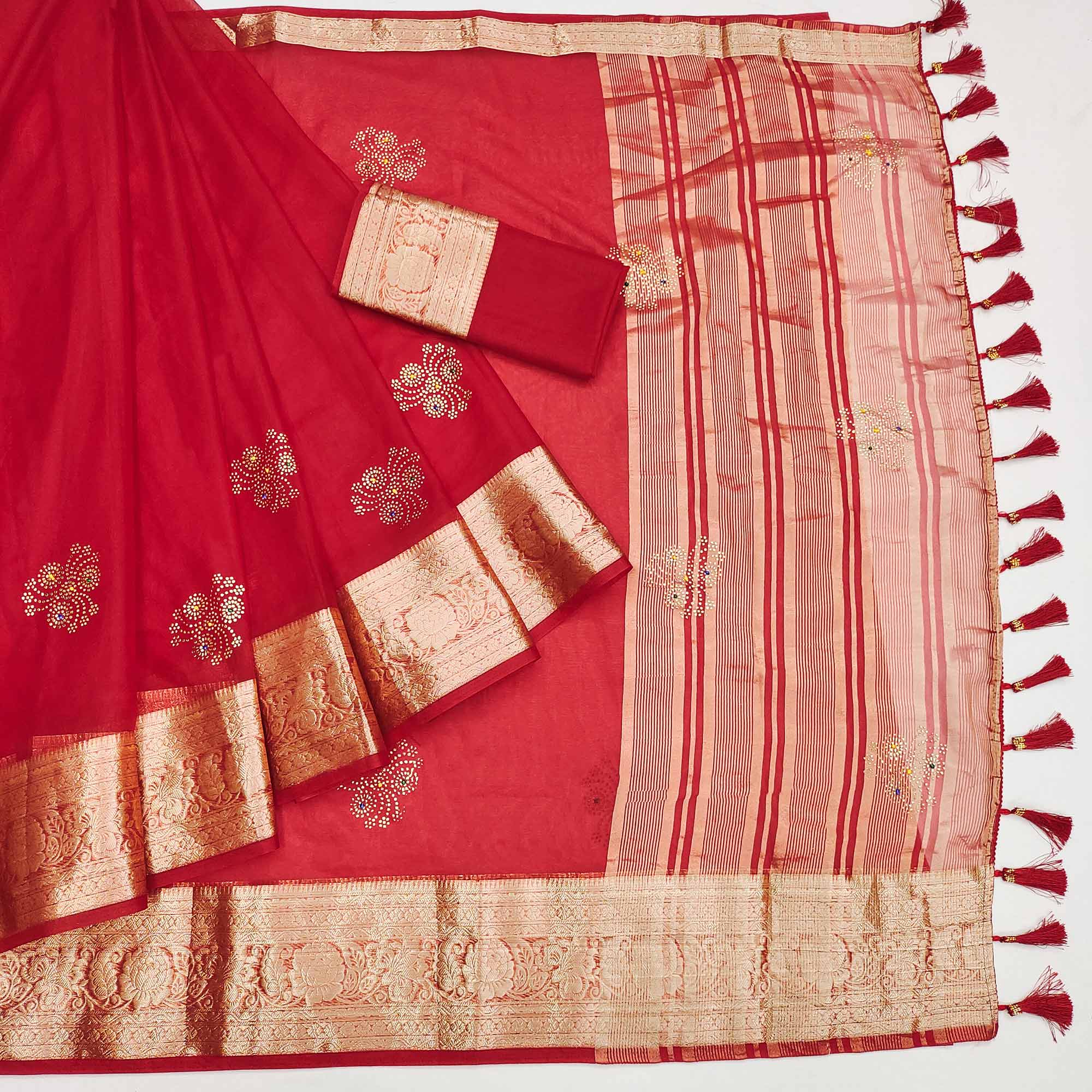 Red Woven With Swarovski Work Organza Saree