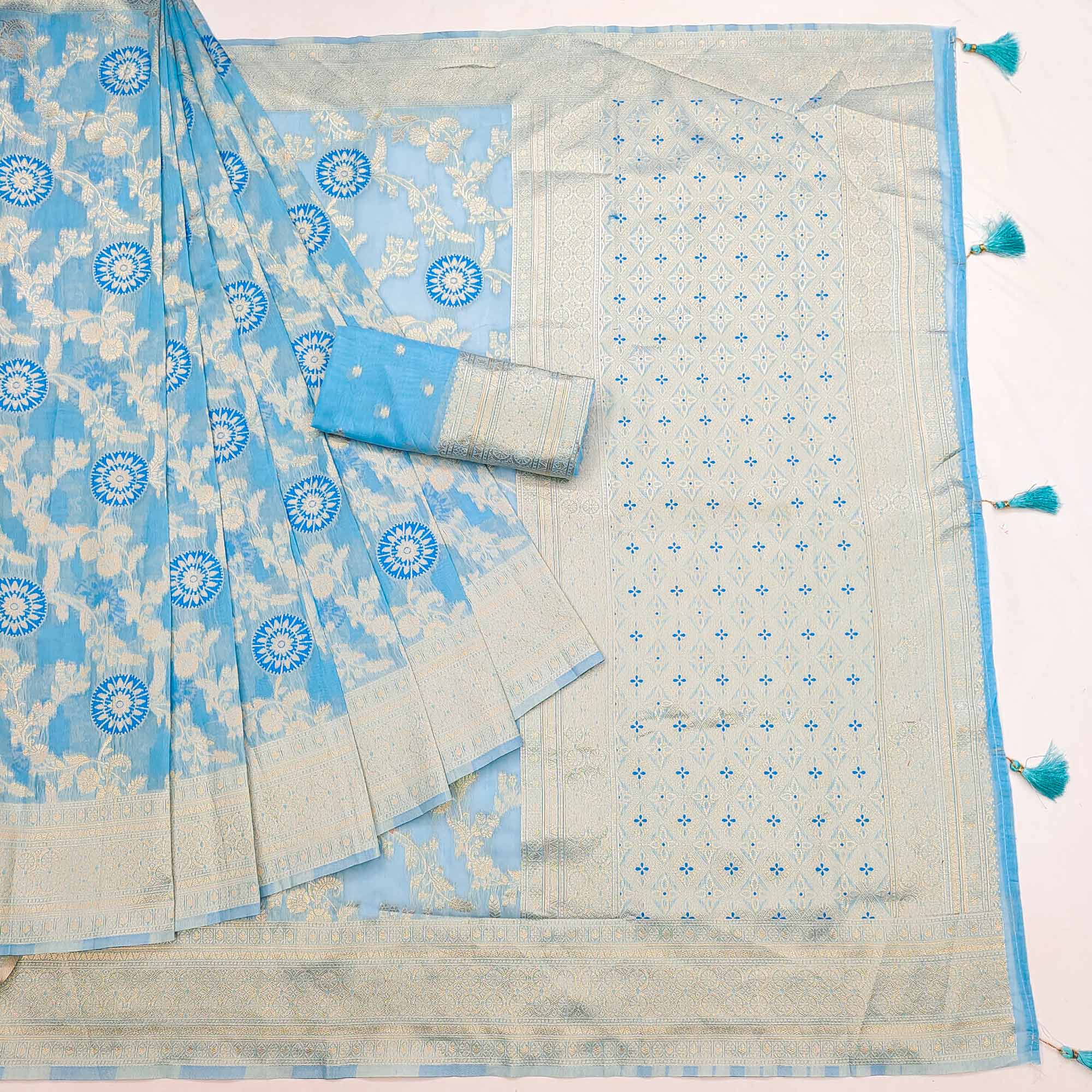 Blue Floral Woven Jacquard Saree With Tassels