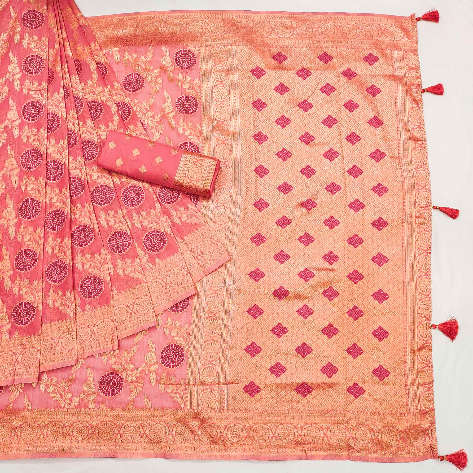 Peach Floral Woven Jacquard Saree With Tassels