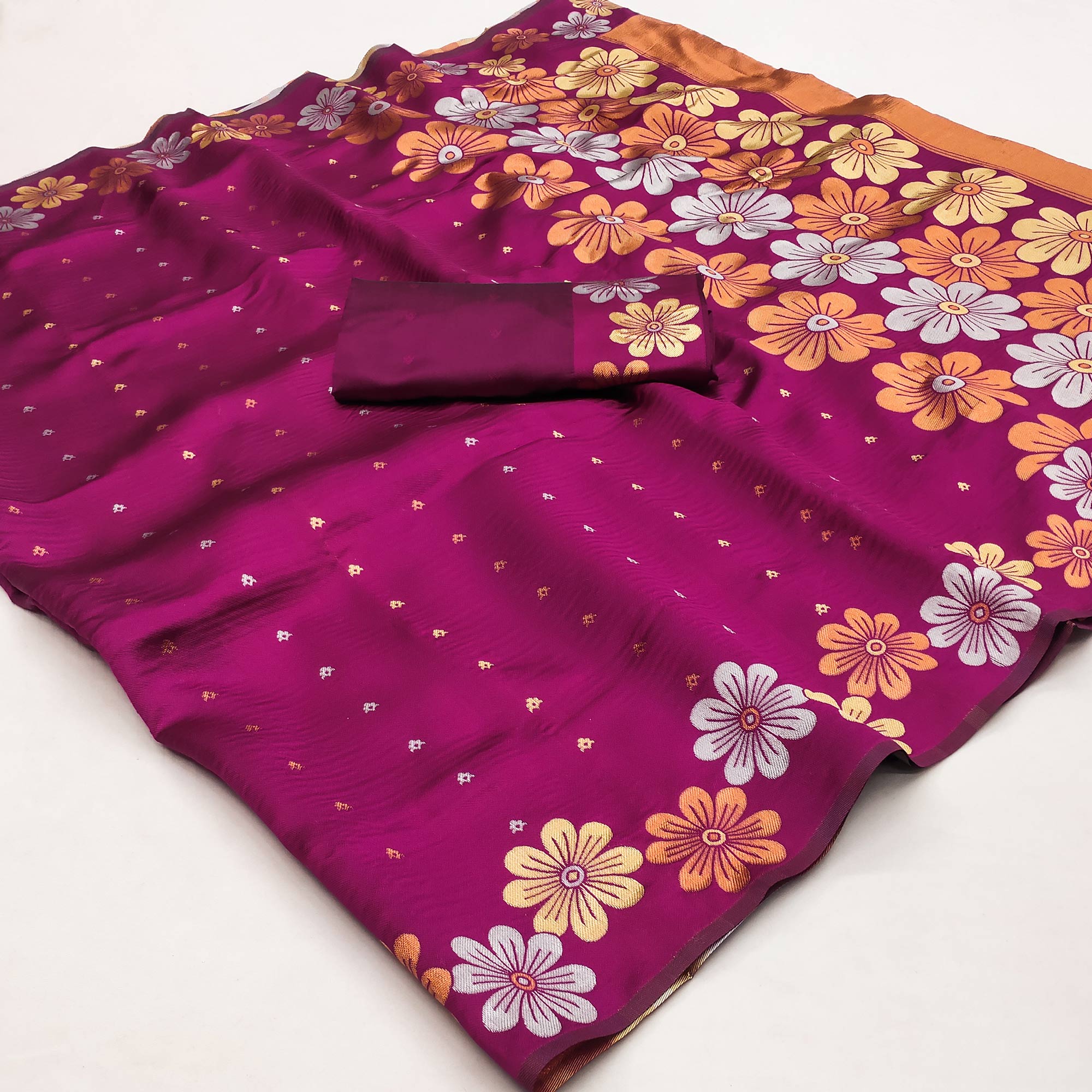 Magenta Floral Zari Woven Cotton Silk Saree