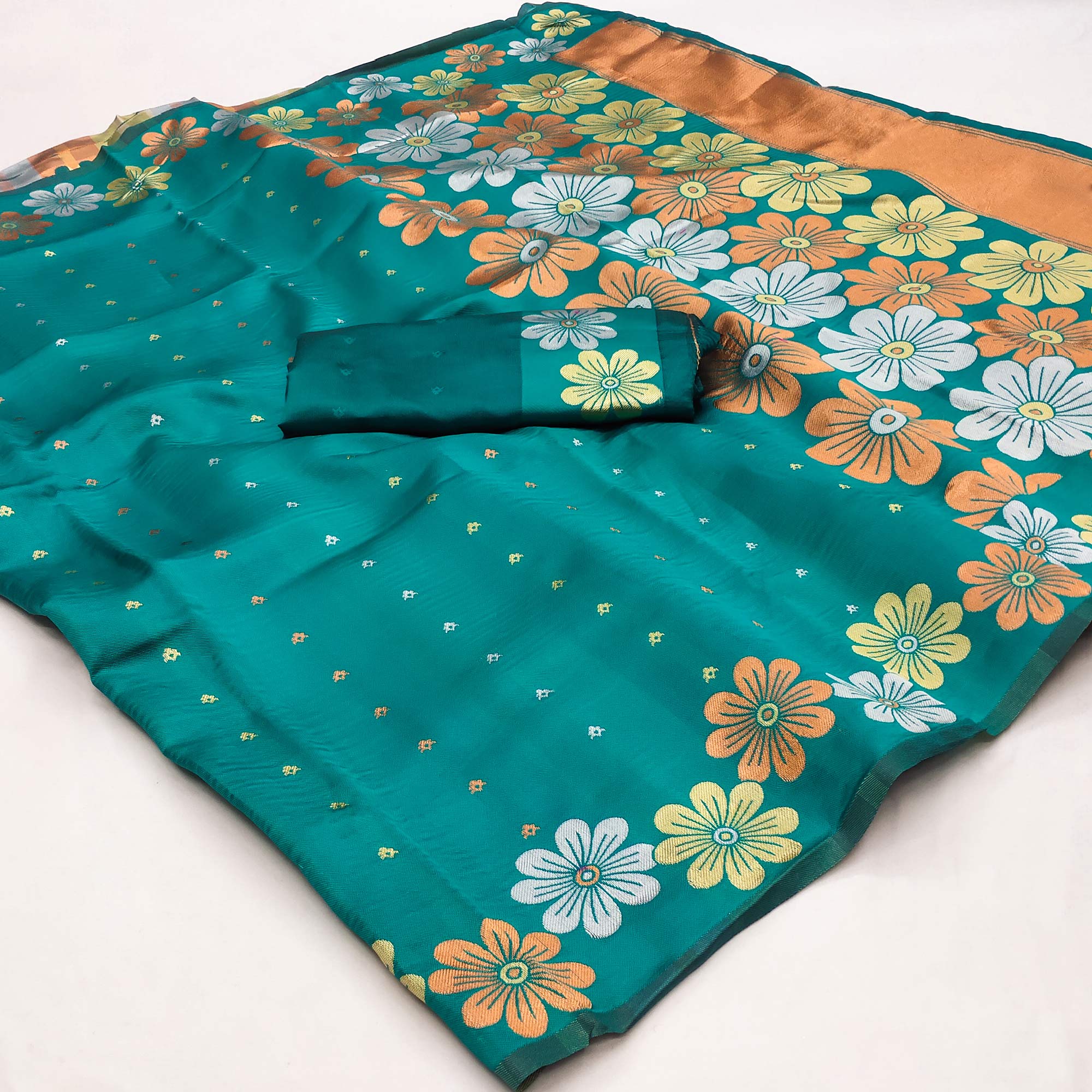 Teal Floral Zari Woven Cotton Silk Saree