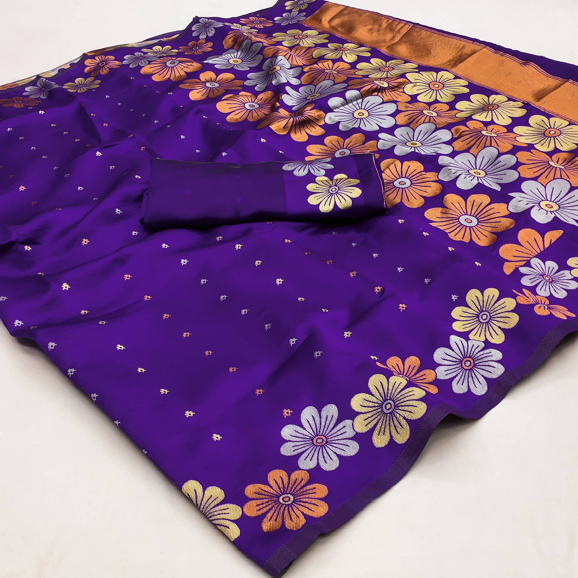 Violet Floral Zari Woven Cotton Silk Saree