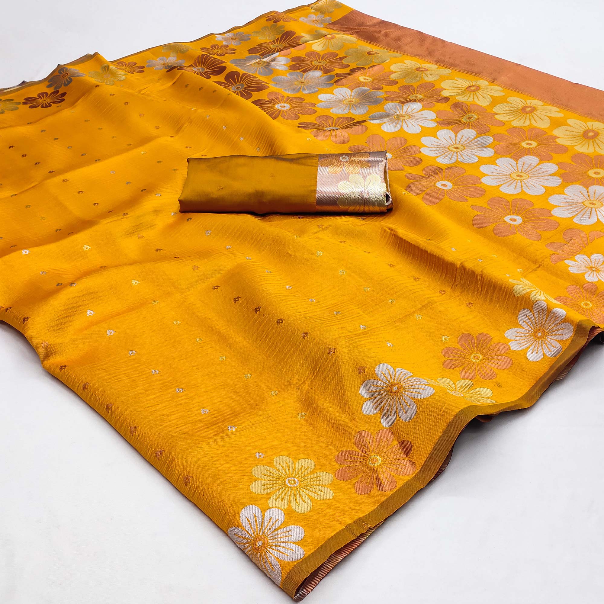 Yellow Floral Zari Woven Cotton Silk Saree