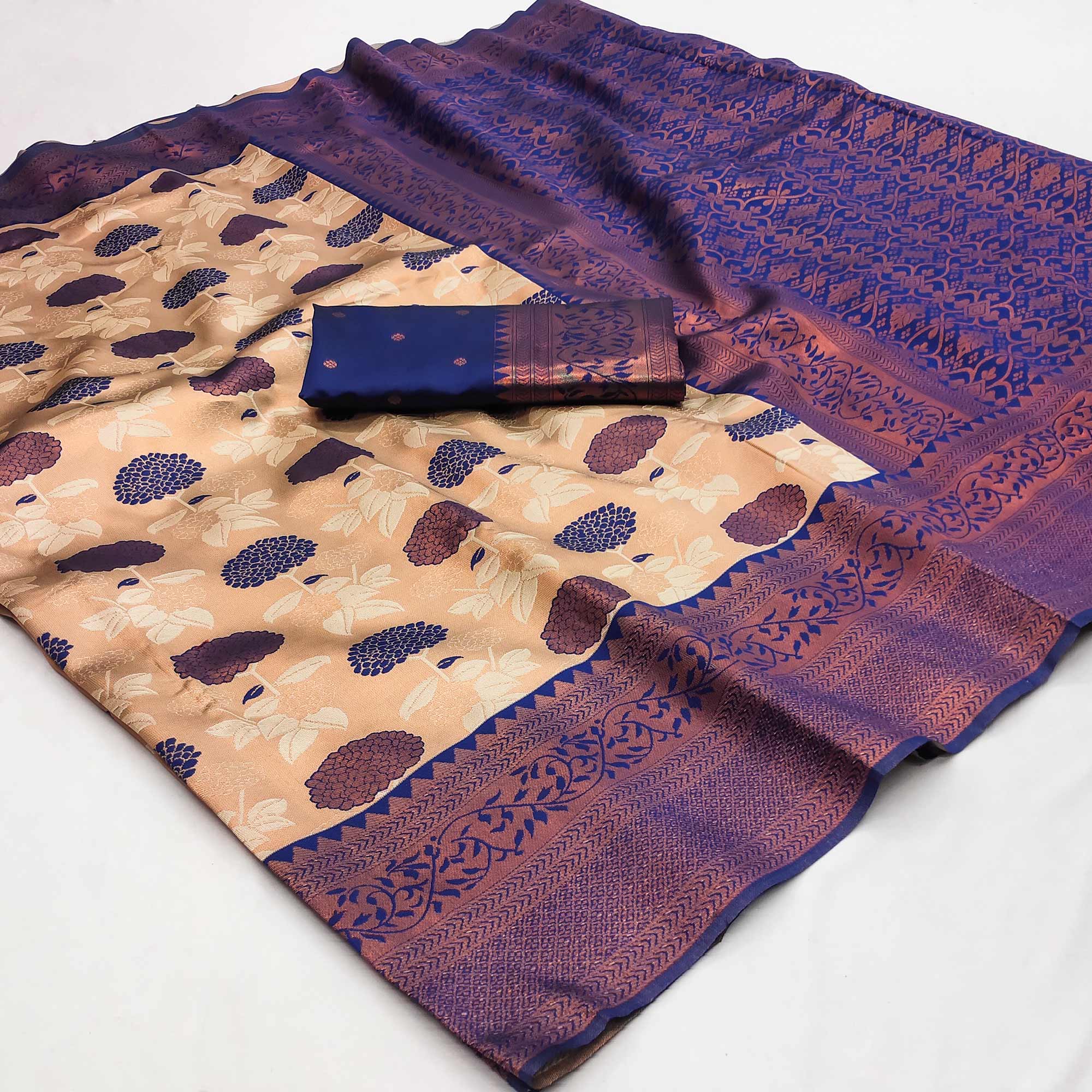 Cream & Blue Floral Zari Woven Cotton Silk Saree