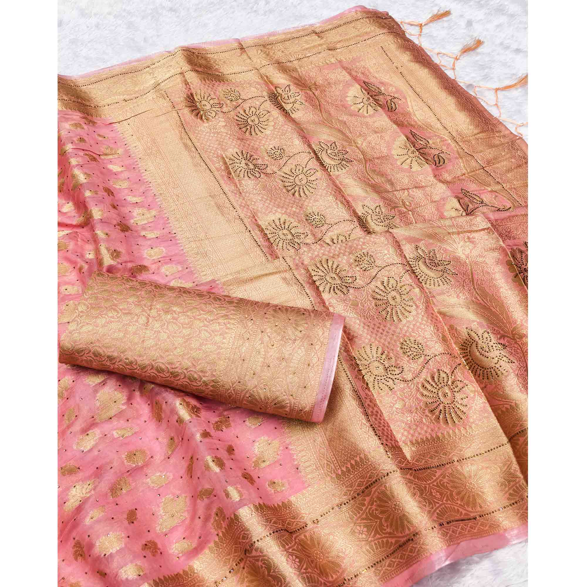 Radiant Baby Pink Tissue Banarasi Saree With Intricate Floral Zari Weaving & Stone Embellishments