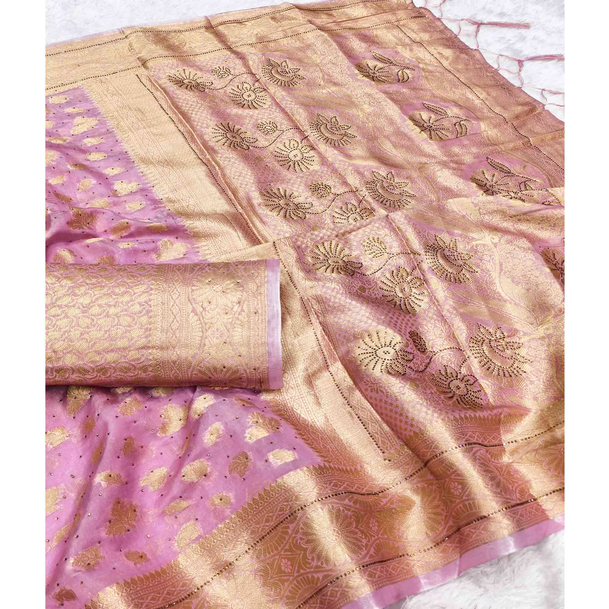 Radiant Onion Pink Tissue Banarasi Saree With Intricate Floral Zari Weaving & Stone Embellishment
