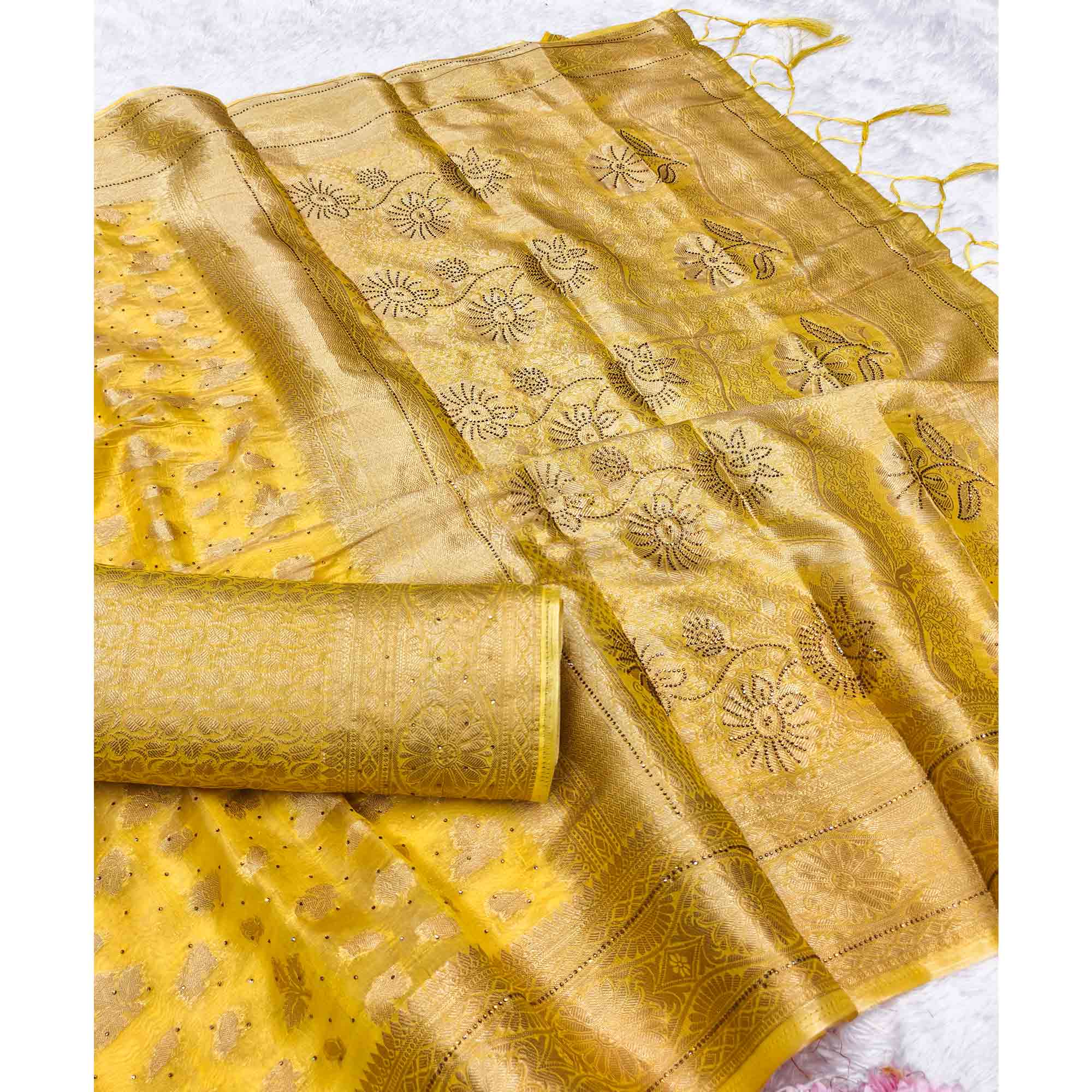 Radiant Yellow Tissue Banarasi Saree With Intricate Floral Zari Weaving & Stone Embellishments