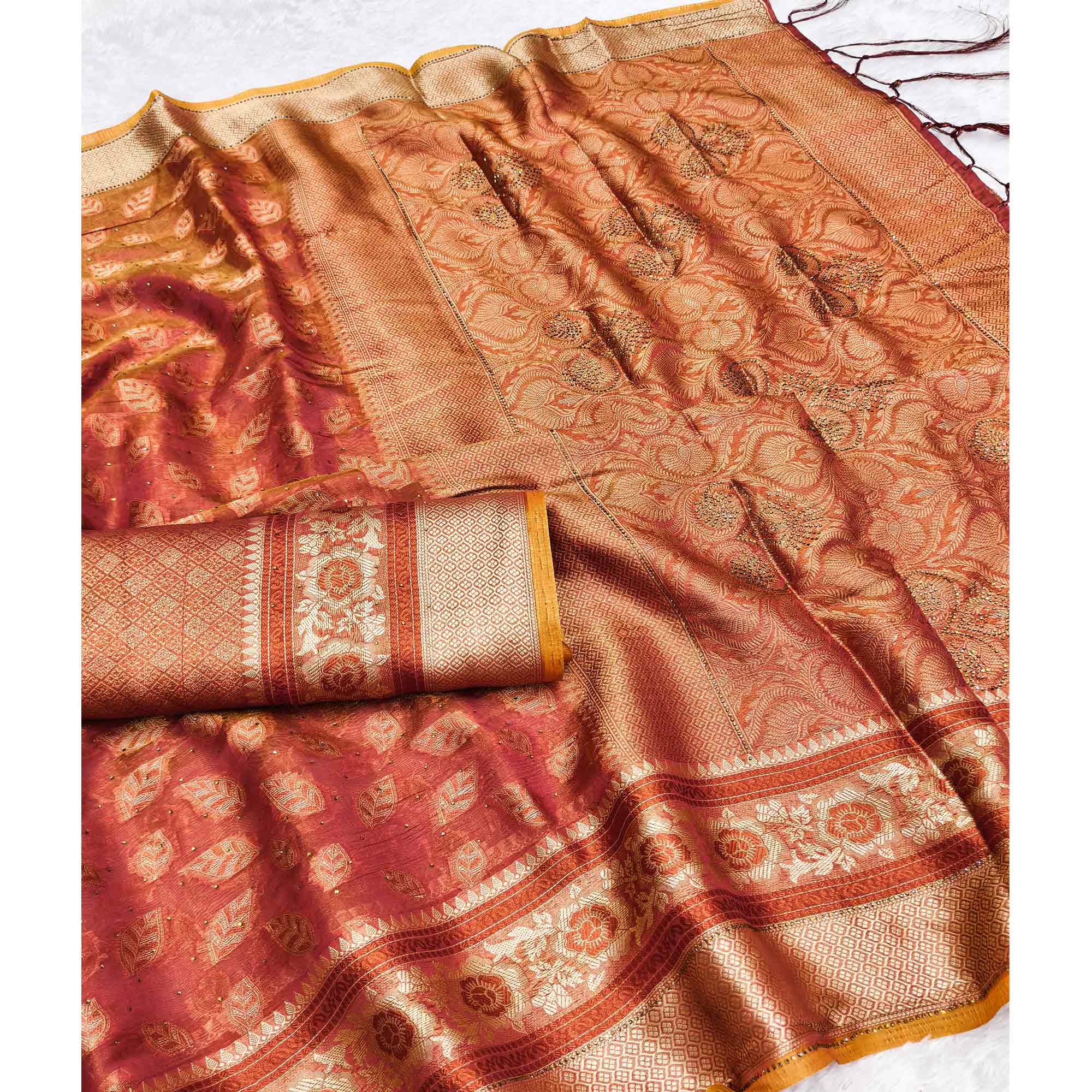 Brick Red Woven Banarasi Crunchy Silk Saree With Leaf & Floral Motifs Accented By Sparkling Stone