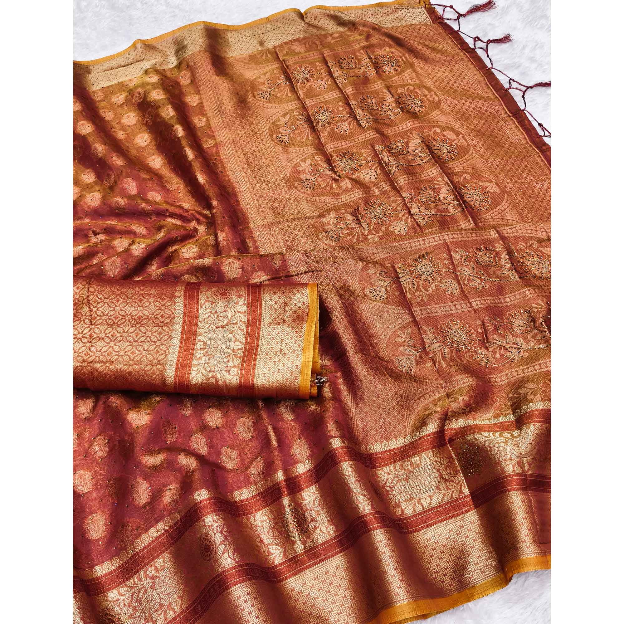 Stunning Brick Red Floral Weaving Banarasi Crushy Silk Saree With Stone Work & Tassel Pallu