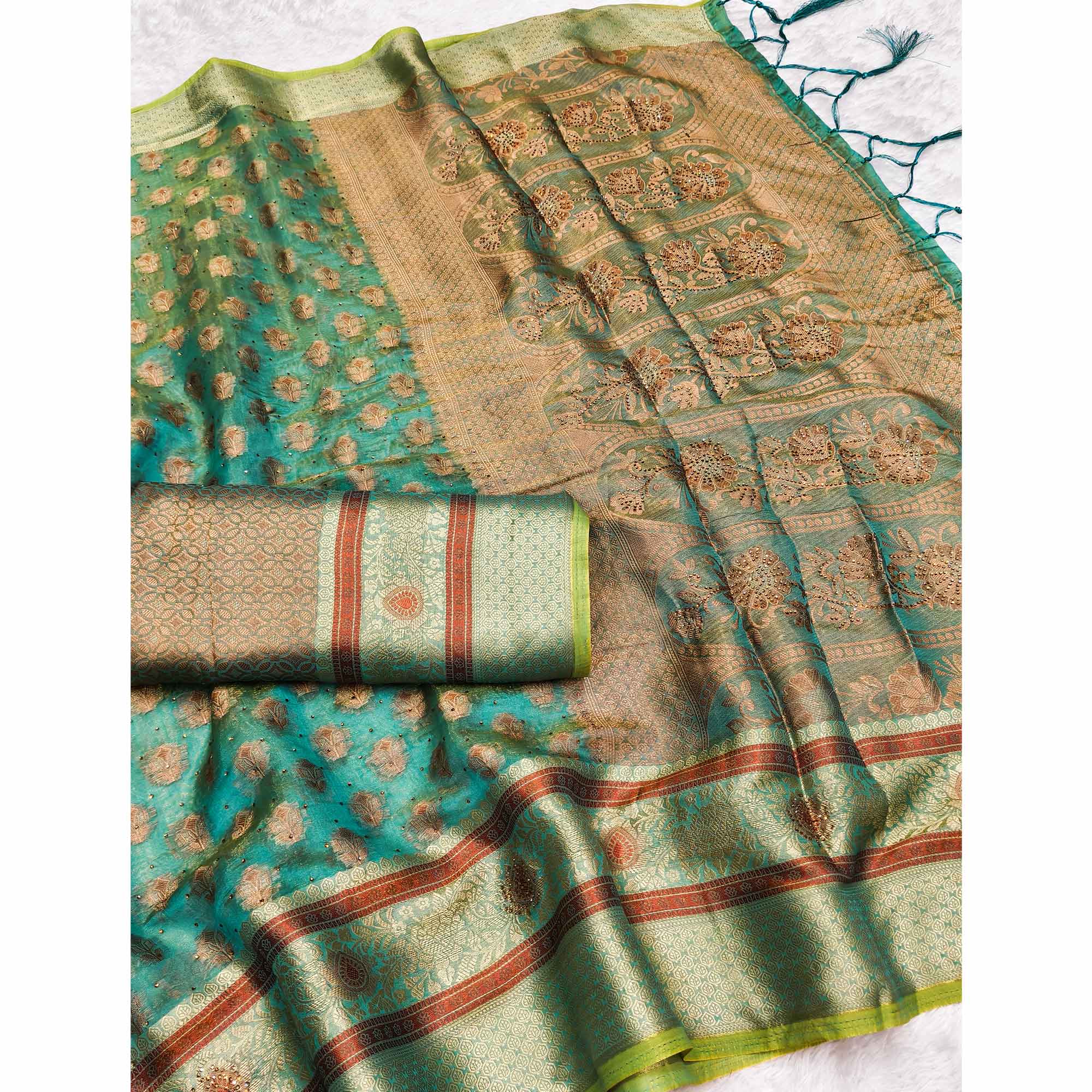 Stunning Turquoise Floral Weaving Banarasi Crushy Silk Saree With Stone Work & Tassel Pallu