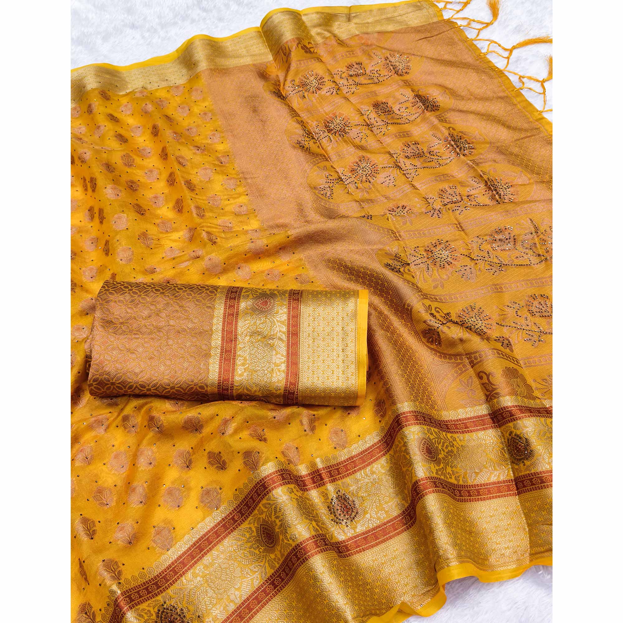 Stunning Yellow Floral Weaving Banarasi Crushy Silk Saree With Stone Work & Tassel Pallu