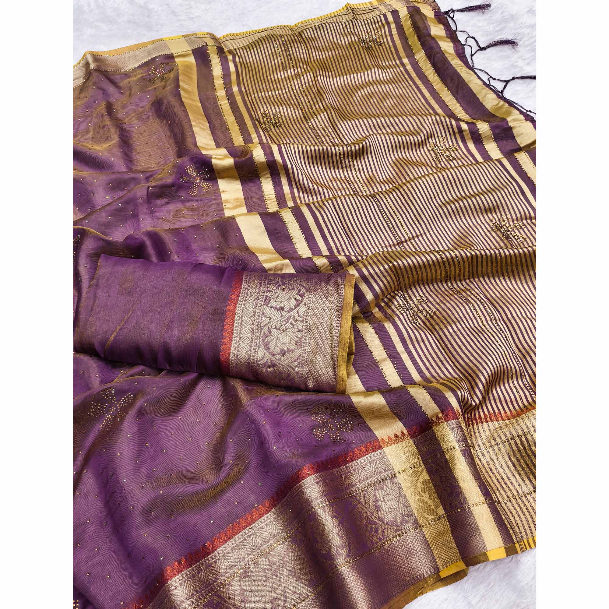 Exquisite Purple Floral Weaving Banarasi Crushy Silk Saree With Sparkling Stone Work