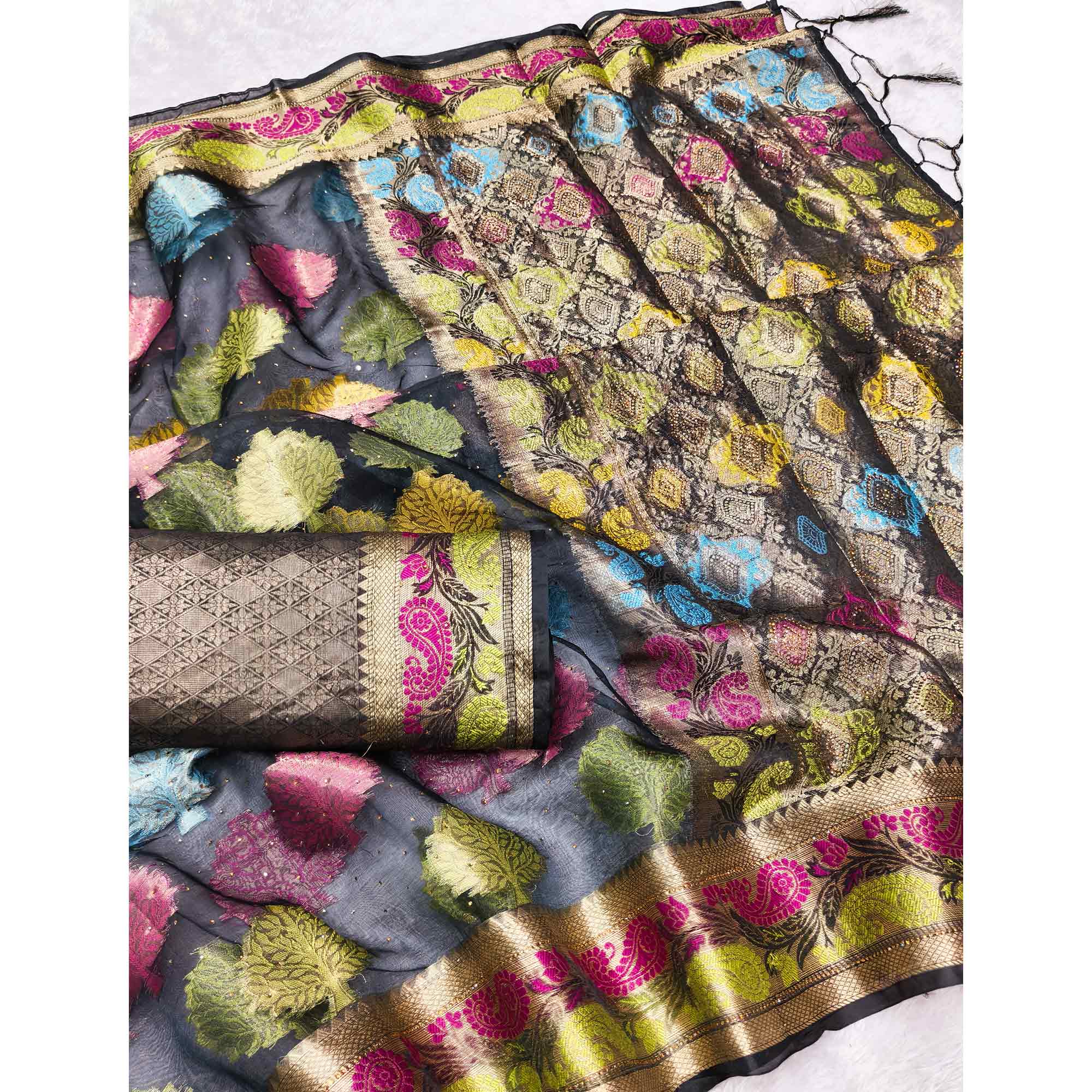 Graceful Blue Banarasi Silk Saree Enhanced With Tree Motif Zari Weaving & Stone Work