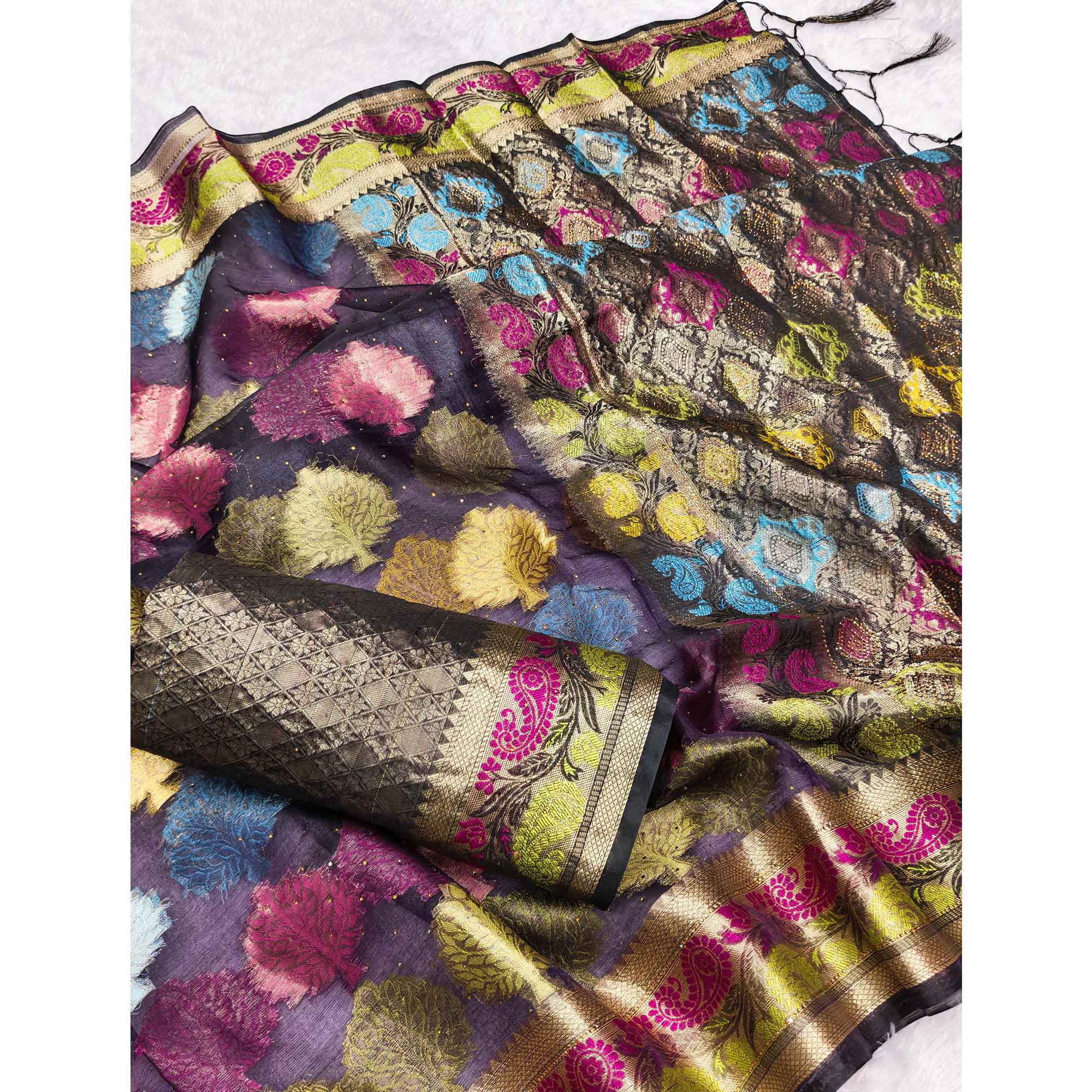 Graceful Purple Banarasi Silk Saree Enhanced With Tree Motif Zari Weaving & Stone Work