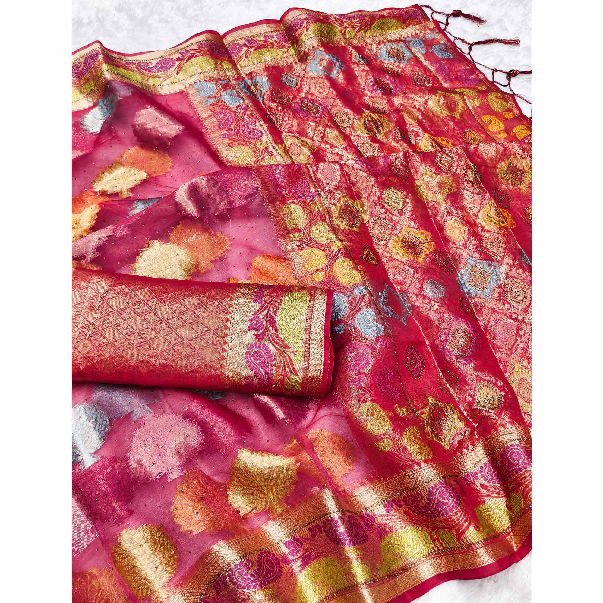 Graceful Rani Pink Banarasi Silk Saree Enhanced With Tree Motif Zari Weaving & Stone Work