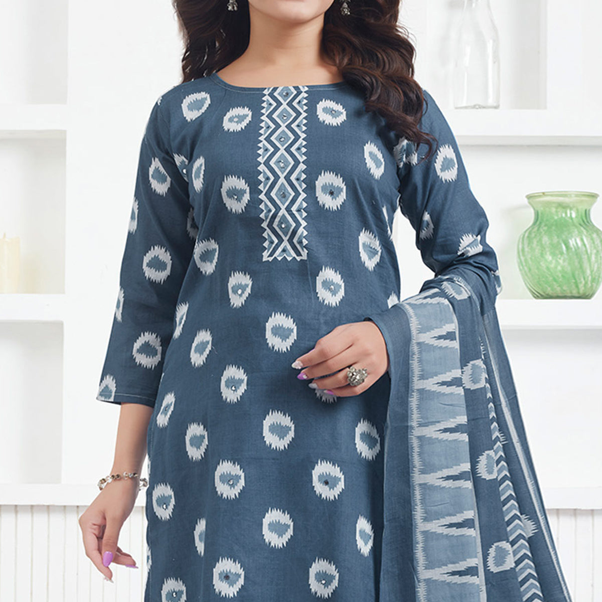 Grey Printed Pure Cotton Salwar Suit With Mirror Work