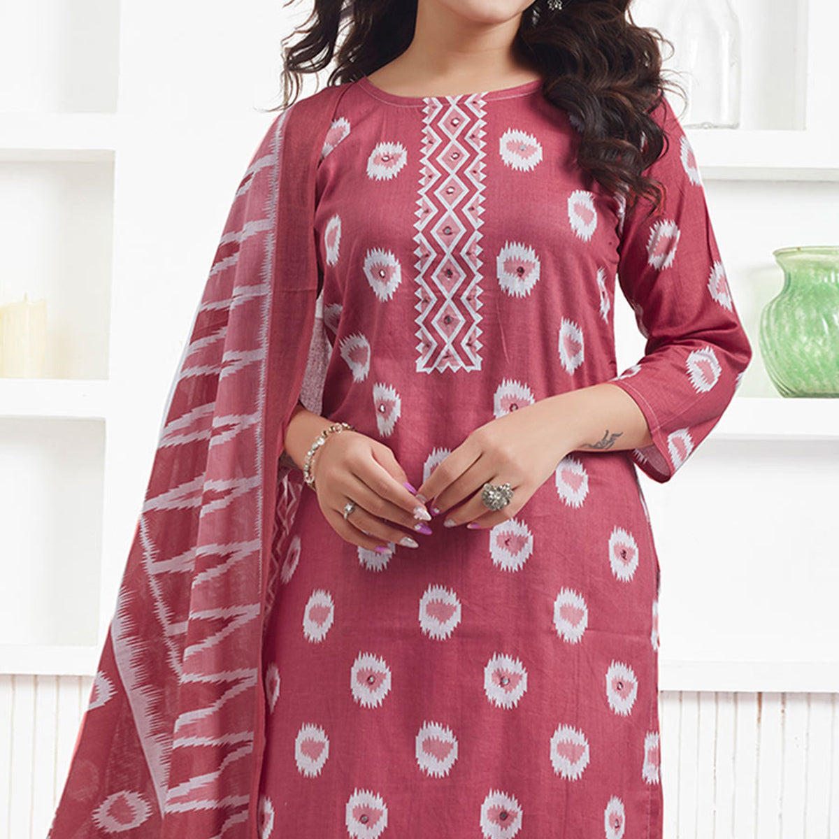 Light Red Printed Pure Cotton Salwar Suit With Mirror Work