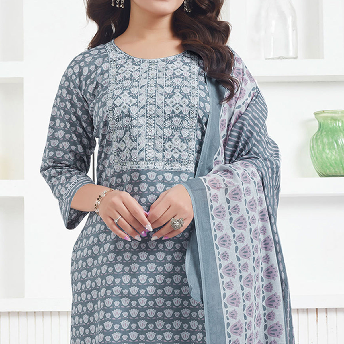 Grey Printed Pure Cotton Salwar Suit With Sequins Work