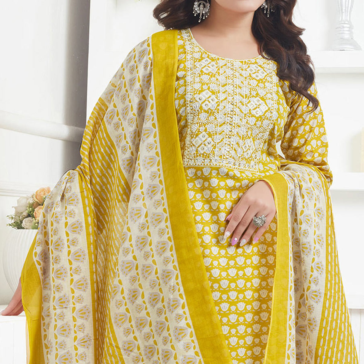 Mustard Printed Pure Cotton Salwar Suit With Sequins Work