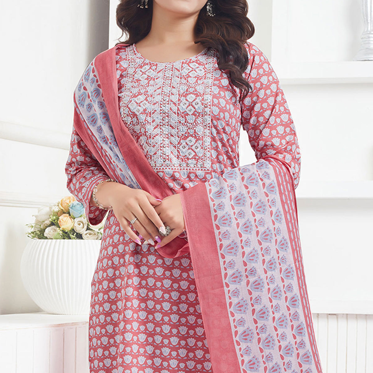 Peach Printed Pure Cotton Salwar Suit With Sequins Work