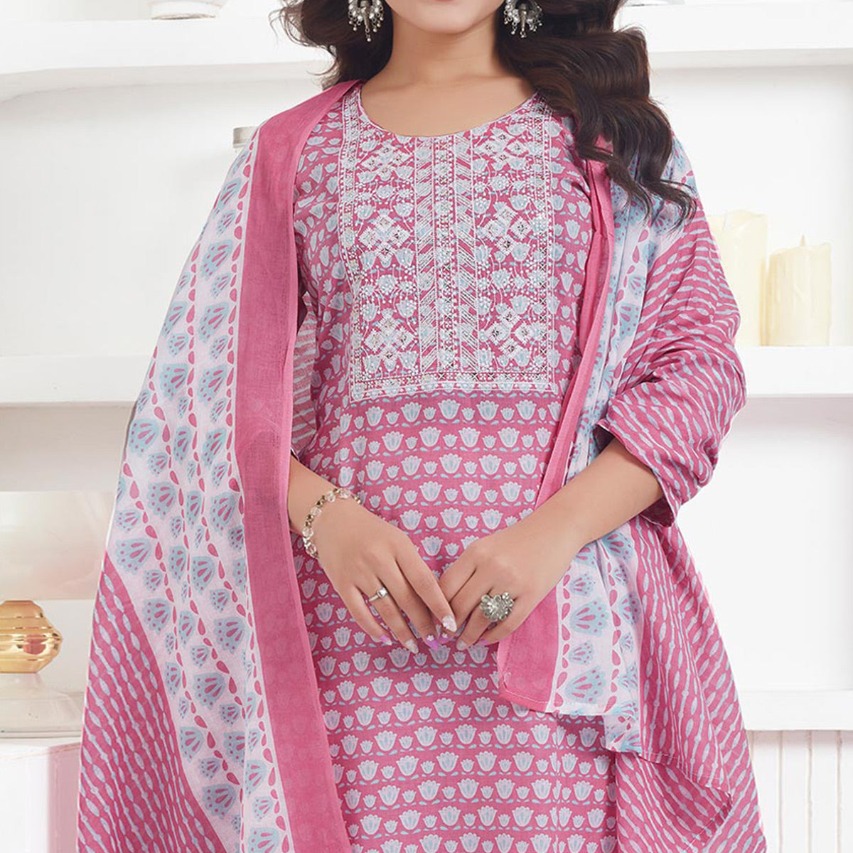 Pink Printed Pure Cotton Salwar Suit With Sequins Work