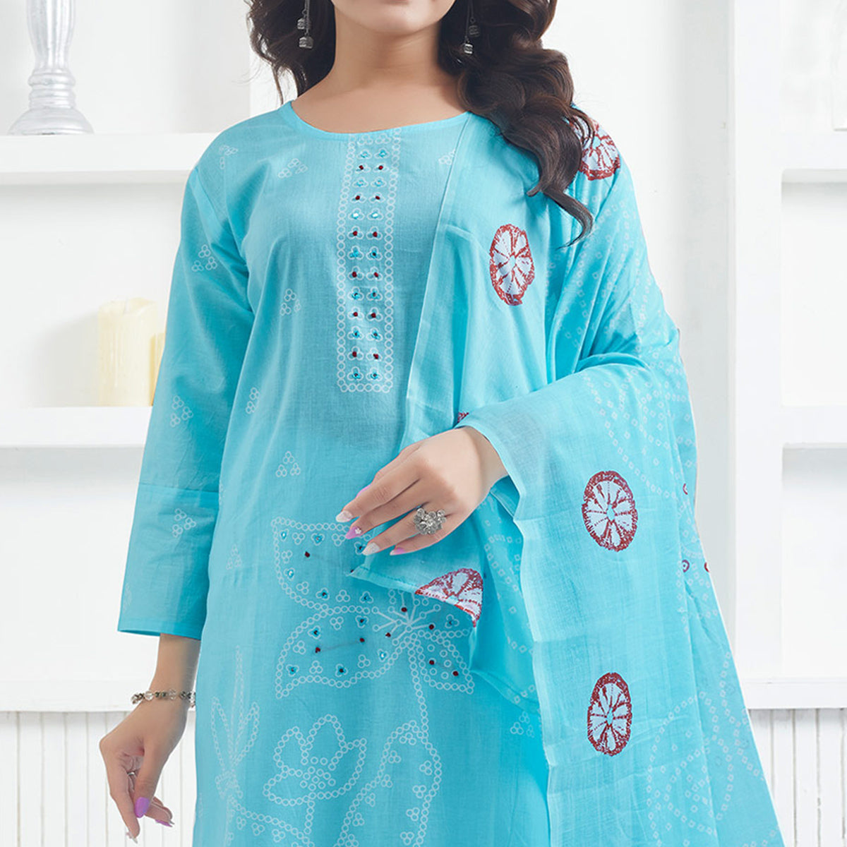 Blue Printed Pure Cotton Salwar Suit With Mirror Work