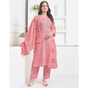 Peach Printed Pure Cotton Salwar Suit With Mirror Work